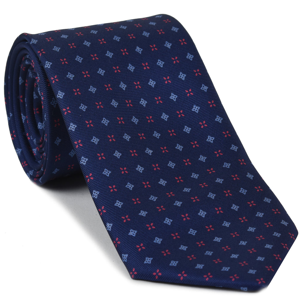 {[en]:Powder Blue & Fuchsia on Navy Blue Macclesfield Print Pattern Silk Tie