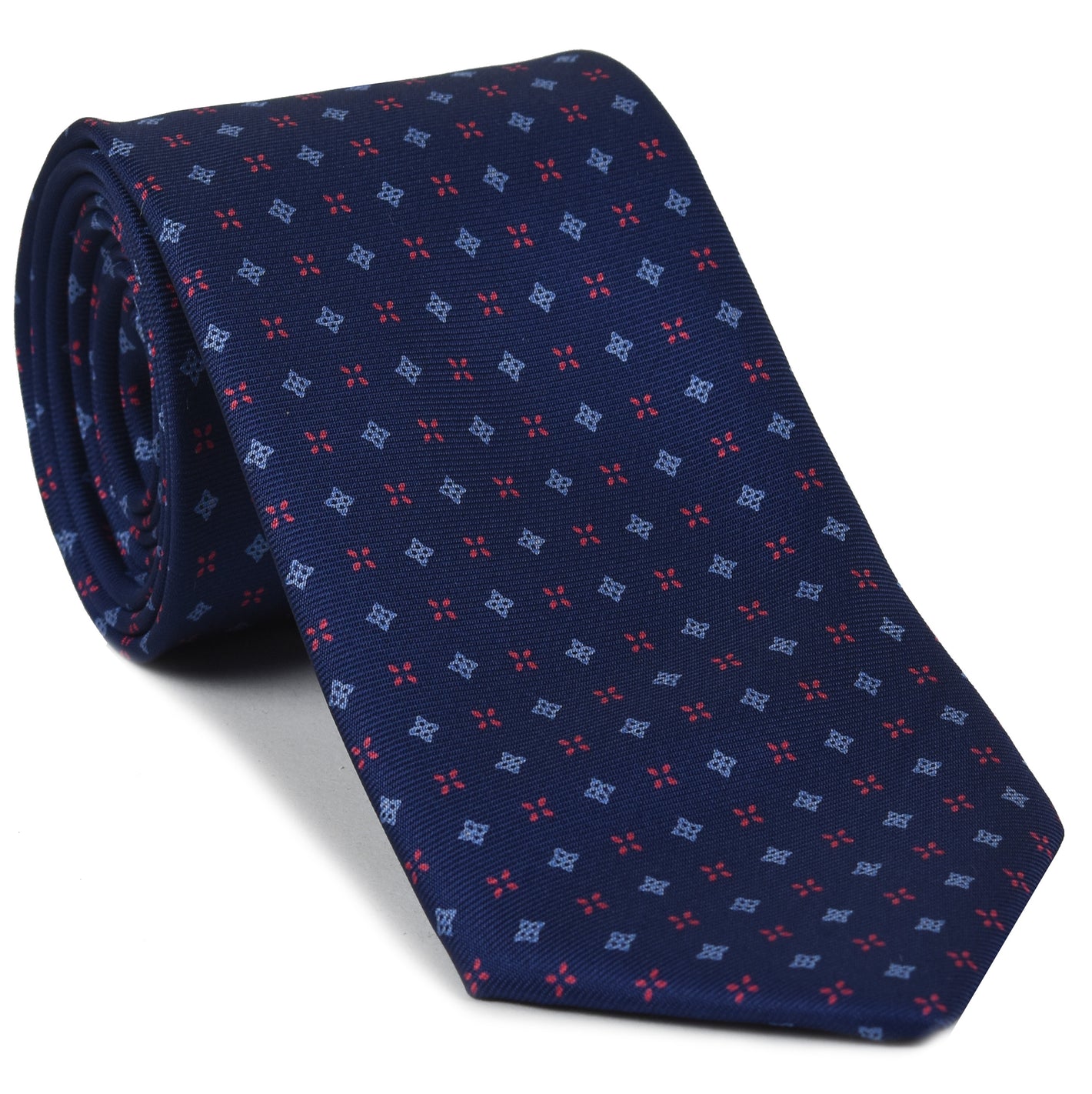 {[en]:Powder Blue & Fuchsia on Navy Blue Macclesfield Print Pattern Silk Tie