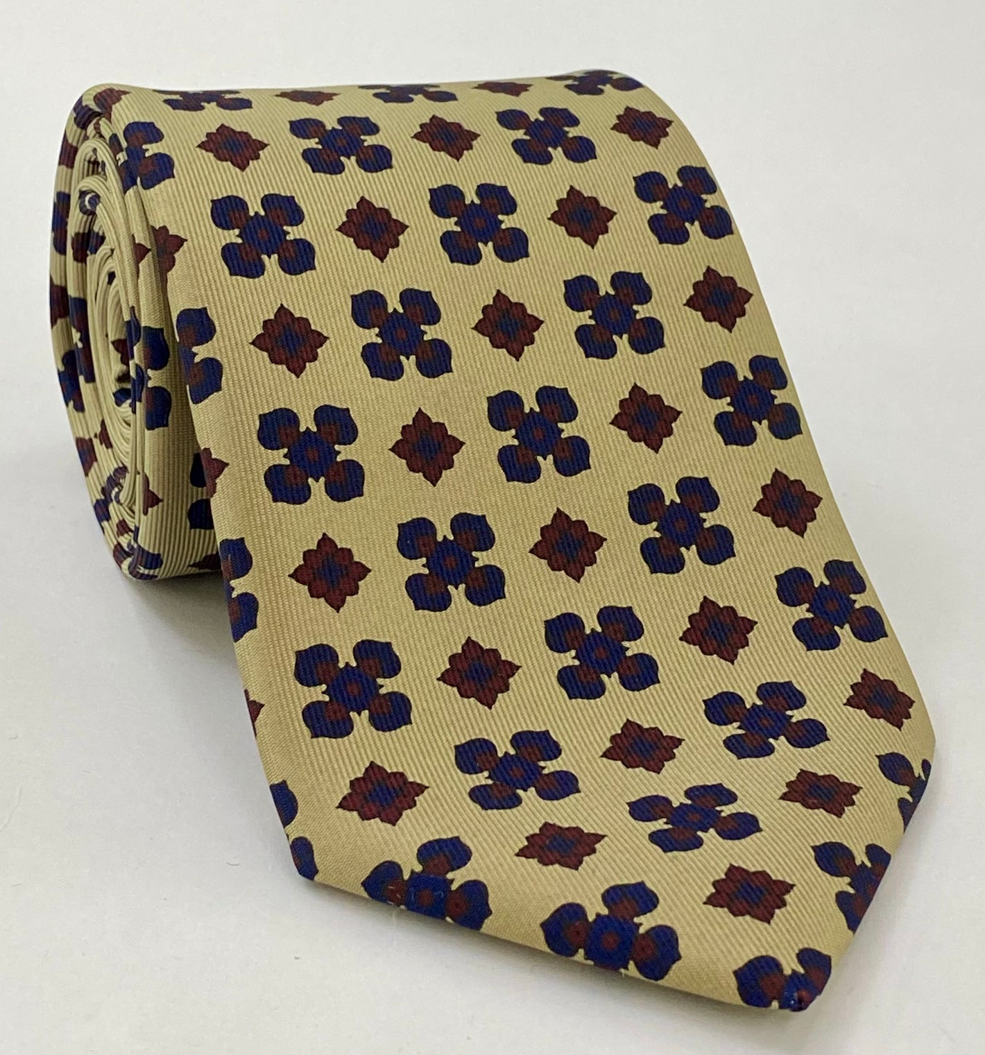 Dark Red & Dark Navy Blue on Dark Cream Macclesfield Print Pattern Silk Tie MCT-451