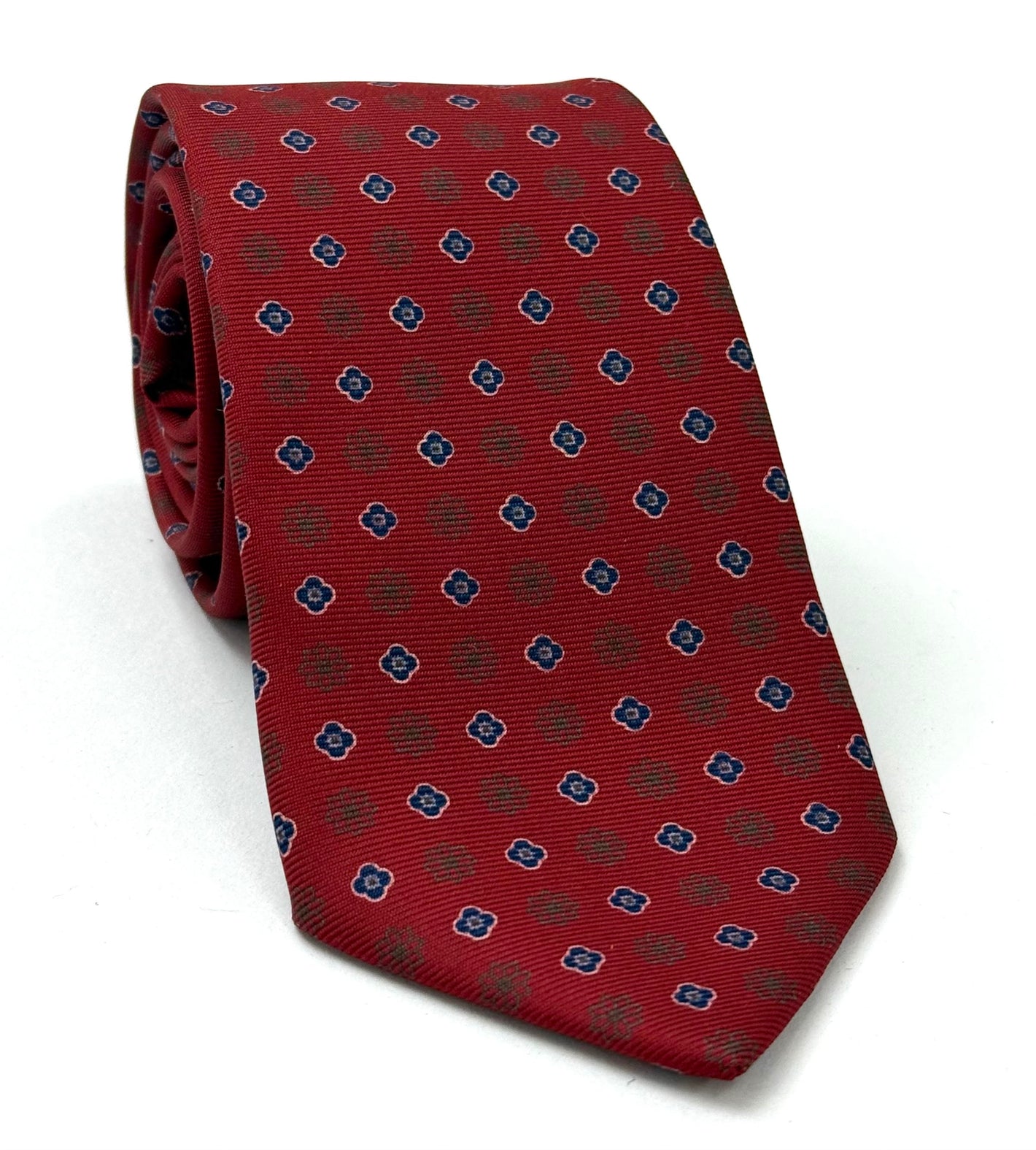 Navy Blue, White & Sage on Dark Red  Macclesfield Print Pattern Silk Tie MCT-453