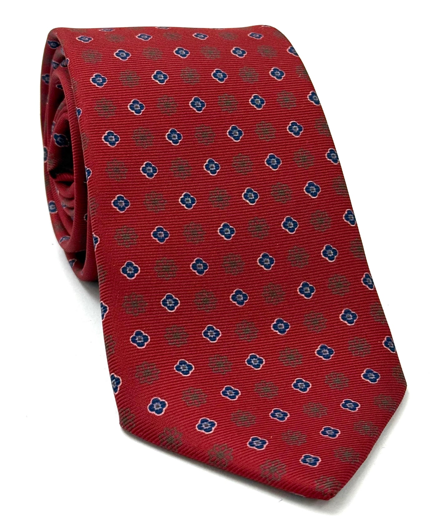 Navy Blue, White & Sage on Dark Red  Macclesfield Print Pattern Silk Tie MCT-453