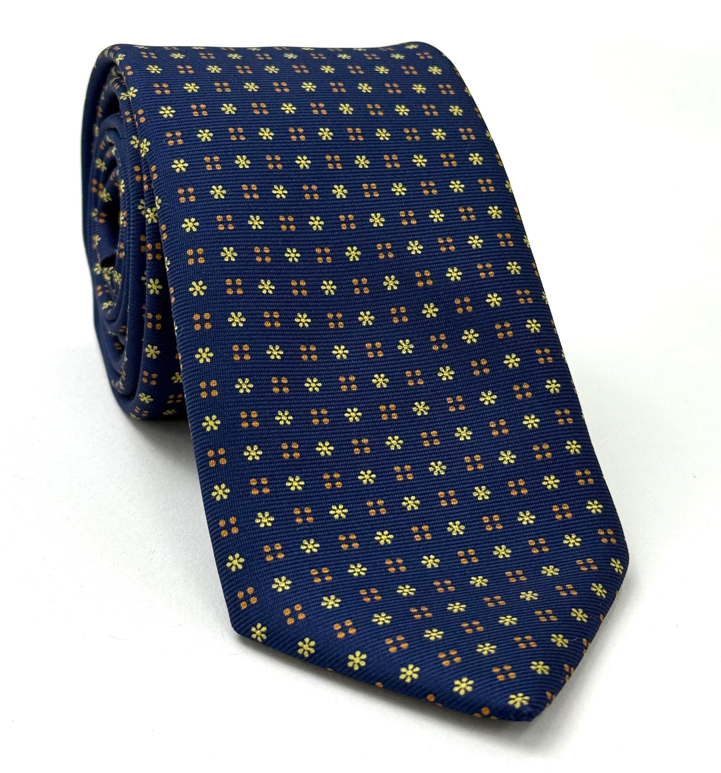 Yellow & Orange on Dark Navy Blue Macclesfield Print Pattern Silk Tie MCT-455