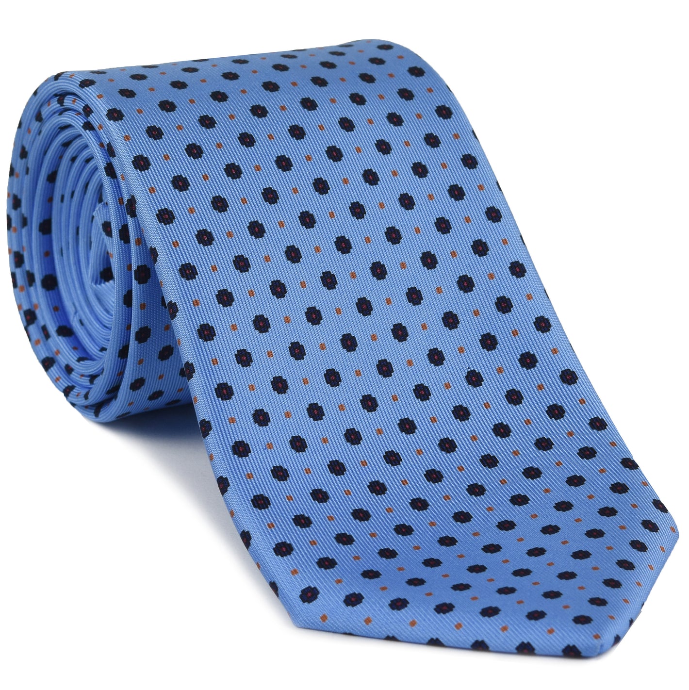 {[en]:Midnight Blue, Red & Burnt Orange on Sky Blue Macclesfield Print Pattern Silk Tie