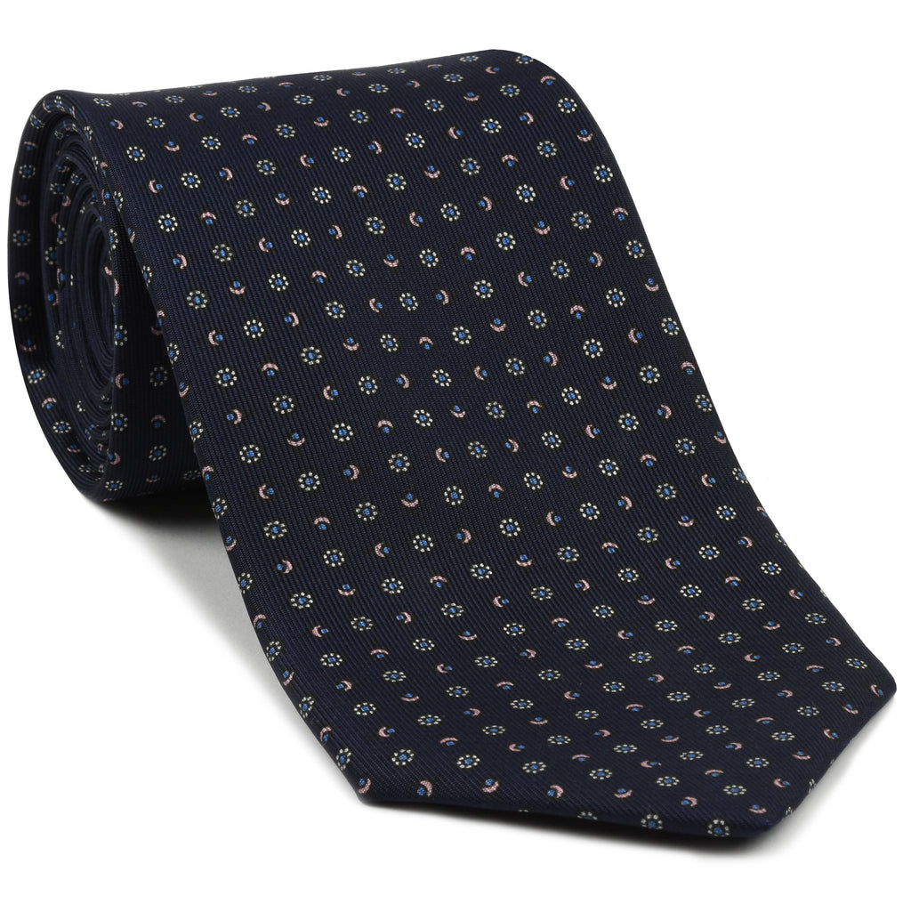 {[en]:Sky Blue, Off-White & Light Pink on Midnight Blue Macclesfield Print Pattern Silk Tie