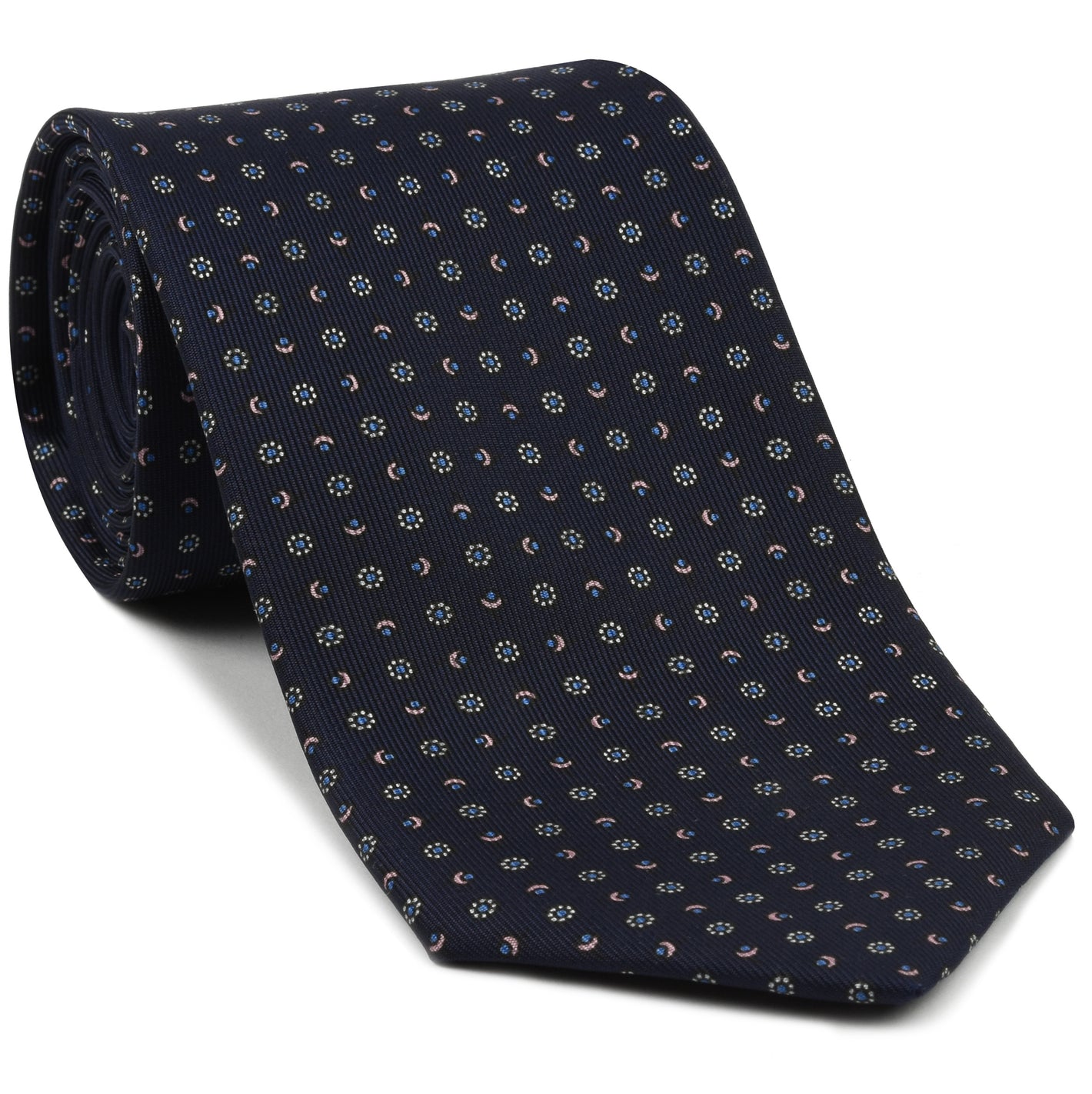 {[en]:Sky Blue, Off-White & Light Pink on Midnight Blue Macclesfield Print Pattern Silk Tie