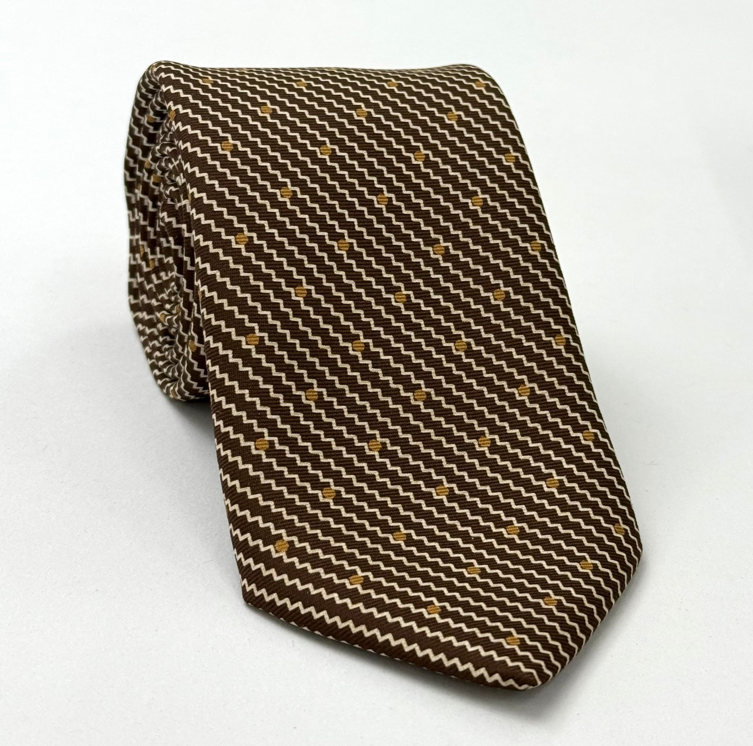 Off-White & Gold on Chocolate English Printed Silk Tie MCT-46