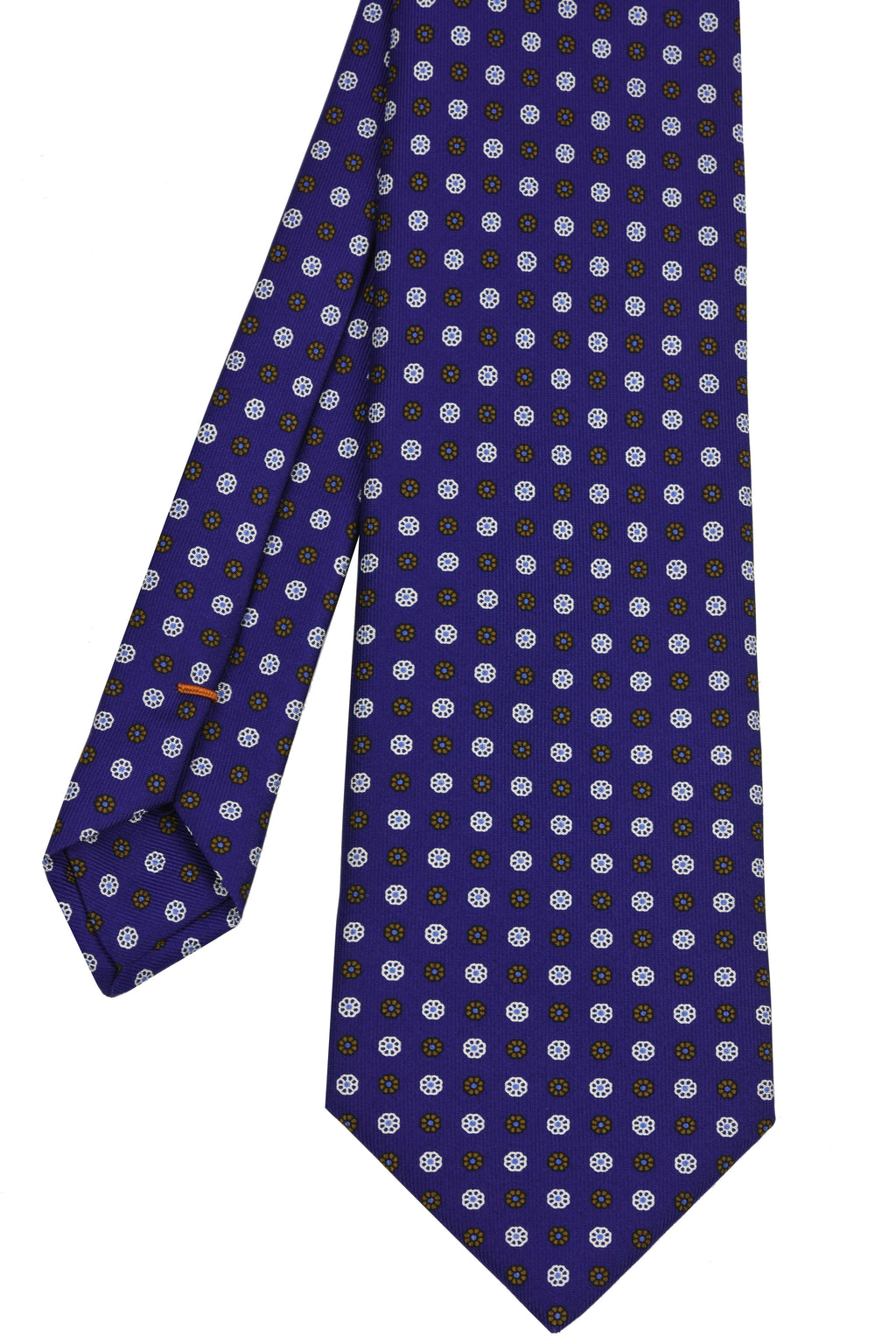 {[en]:Off-White, Sky Blue & Dark Brown on Purple Blue Macclesfield Print Pattern Silk Tie