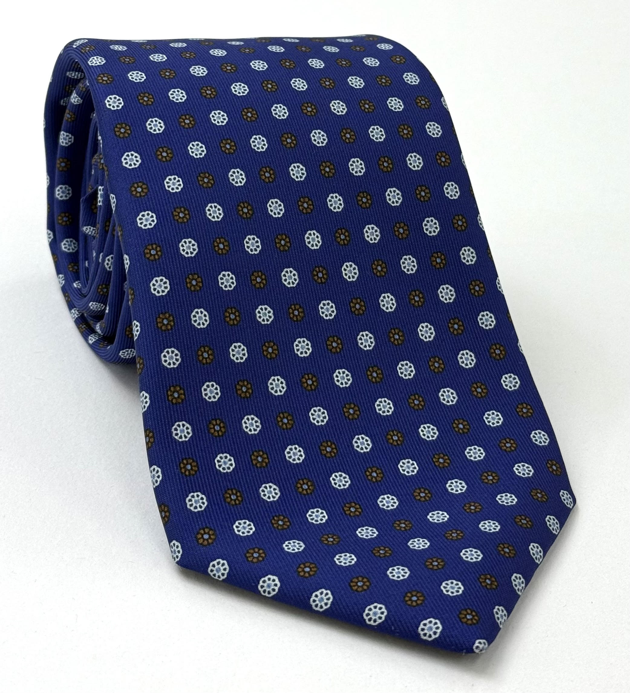 Off-White, Sky Blue & Dark Brown on Purple Blue Macclesfield Print Pattern Silk Tie MCT-460