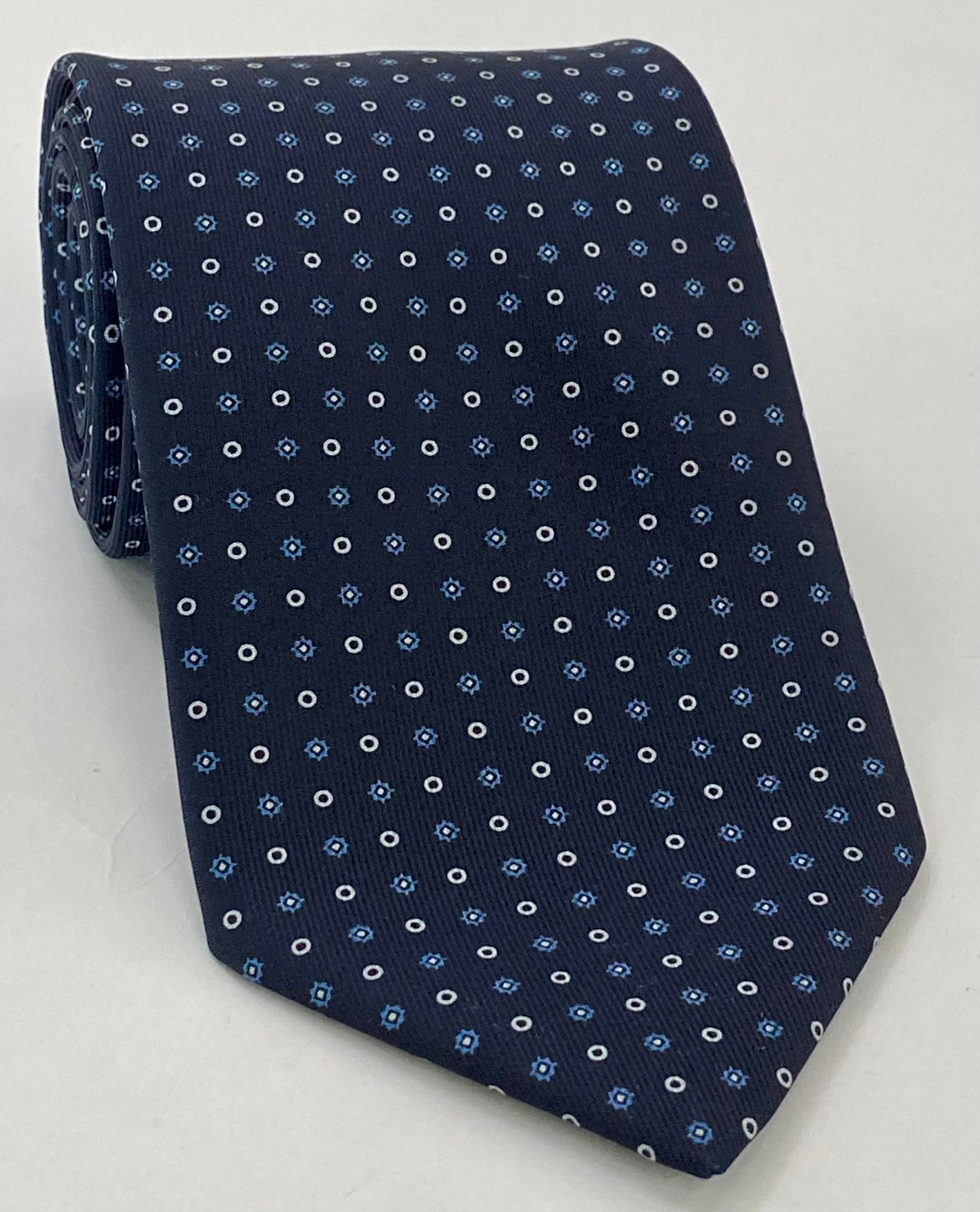 Off-White & Sky Blue on Midnight Blue Macclesfield Print Pattern Silk Tie MCT-461