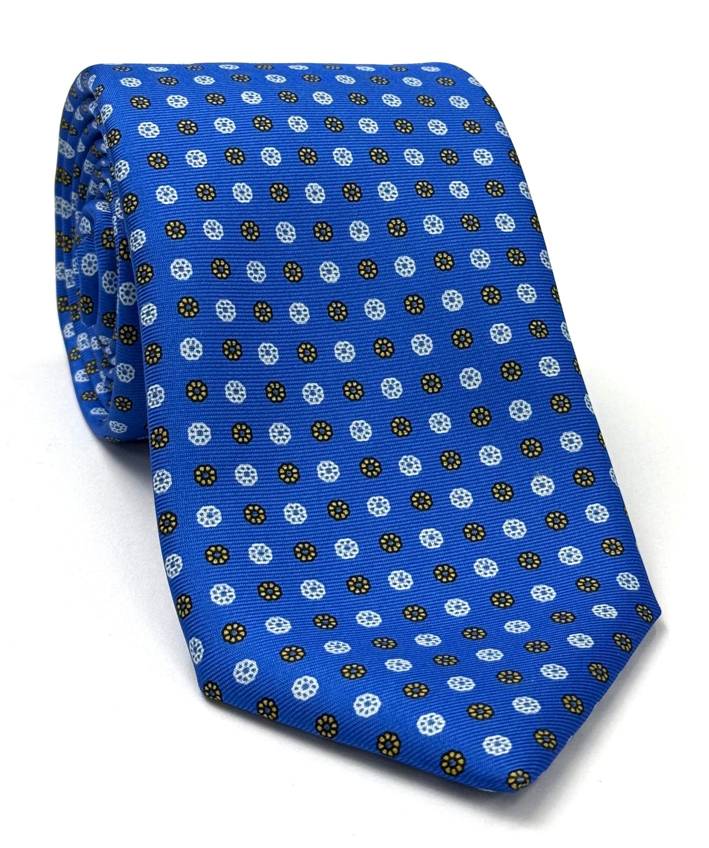 White, Black & Yellow on Royal Blue Macclesfield Print Pattern Silk Tie MCT-468