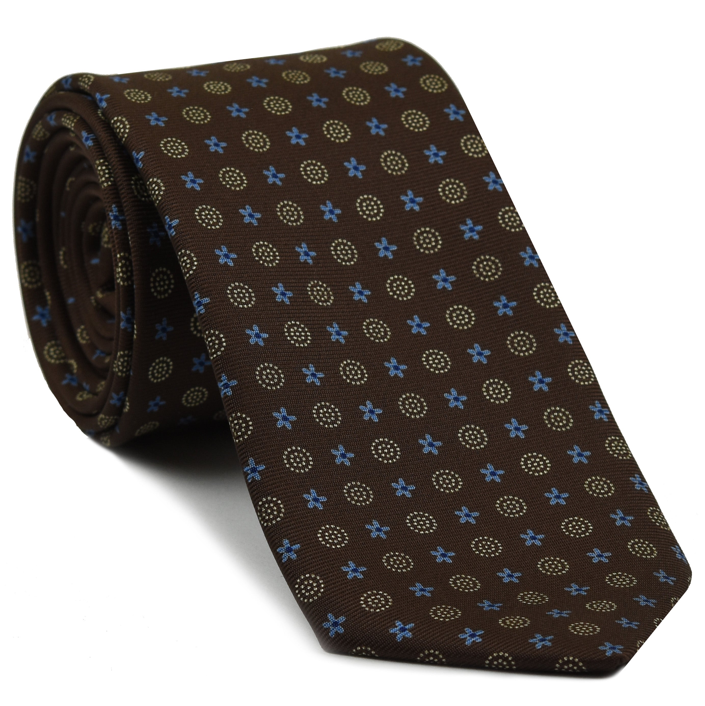 Blue, Sky Blue & Sand on Chocolate Macclesfield Print Pattern Silk Tie MCT-470