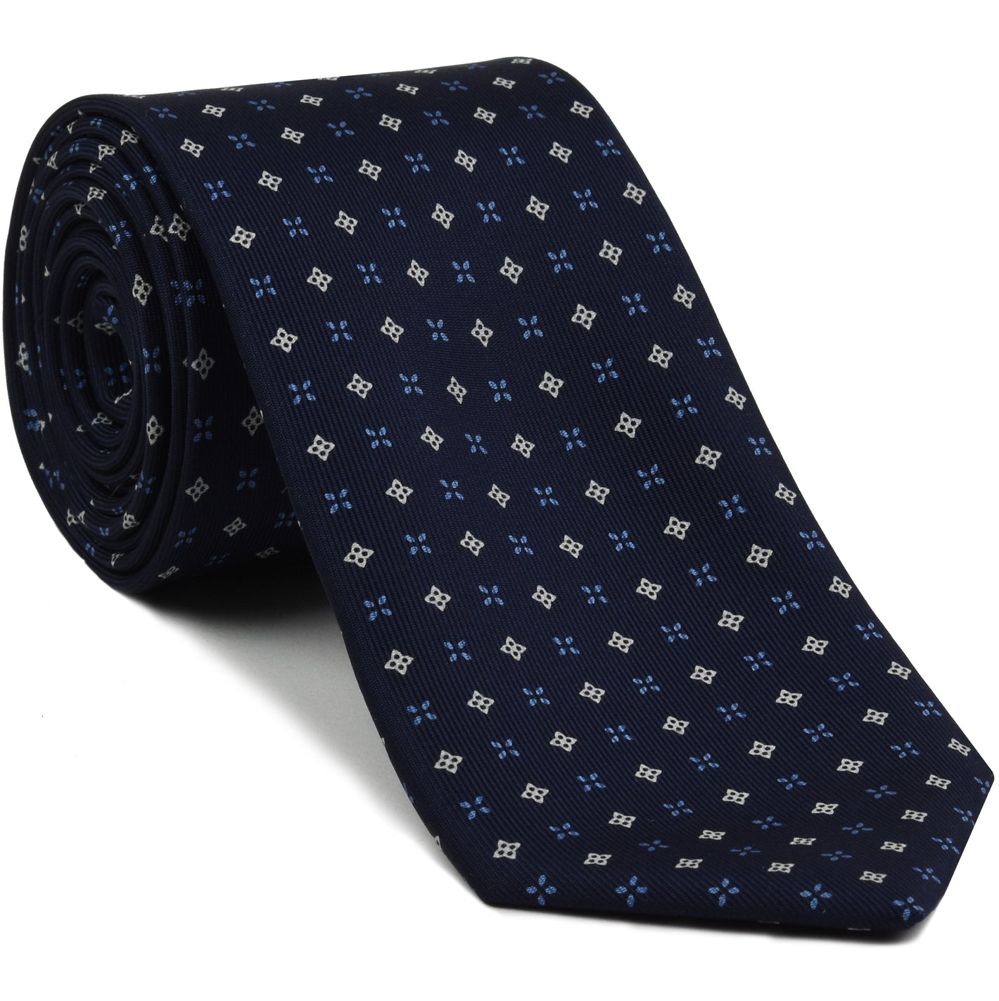 {[en]:Sky Blue & White on Dark Navy Blue Macclesfield Print Pattern Silk Tie