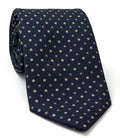 White, Sky Blue & Yellow Gold on Midnight Blue Macclesfield Print Pattern Silk Tie MCT-474