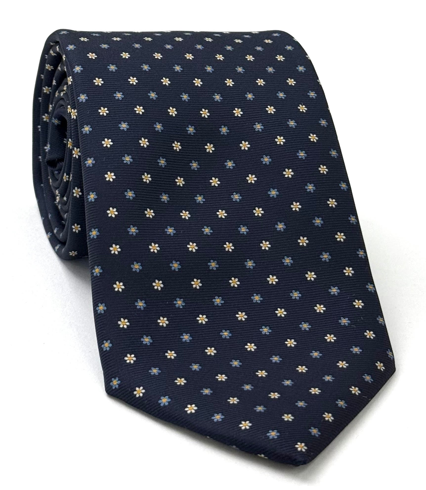 White, Sky Blue & Yellow Gold on Midnight Blue Macclesfield Print Pattern Silk Tie MCT-474