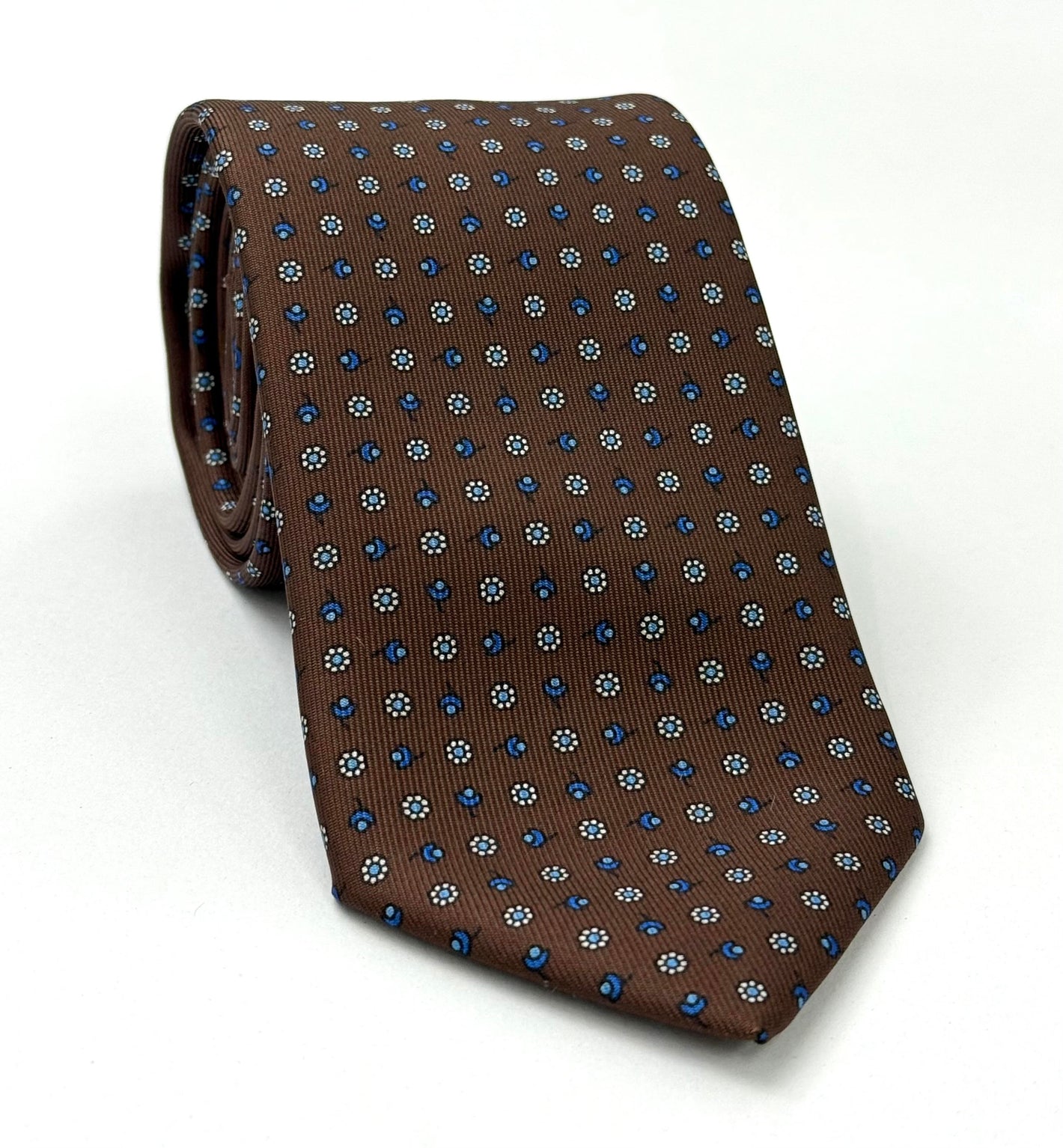 Blue, Sky Blue & White on Chocolate Macclesfield Print Pattern Silk Tie MCT-476