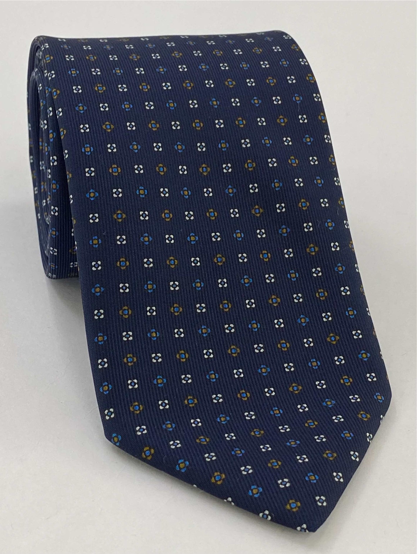 Chocolate, Sky Blue & White on Midnight Blue Macclesfield Print Pattern Silk Tie MCT-477