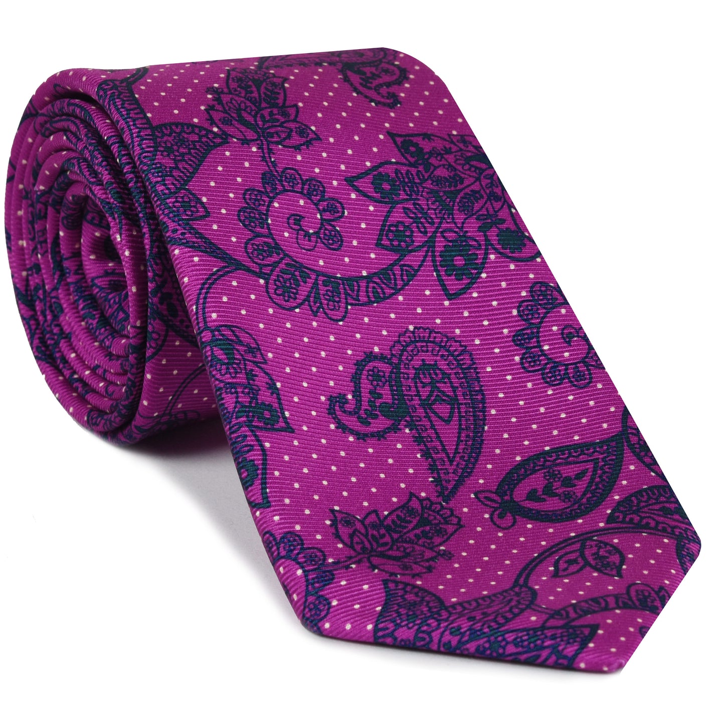 {[en]:Midnight Blue & Off-White on Dark Fuchsia Macclesfield Print Pattern Silk Tie