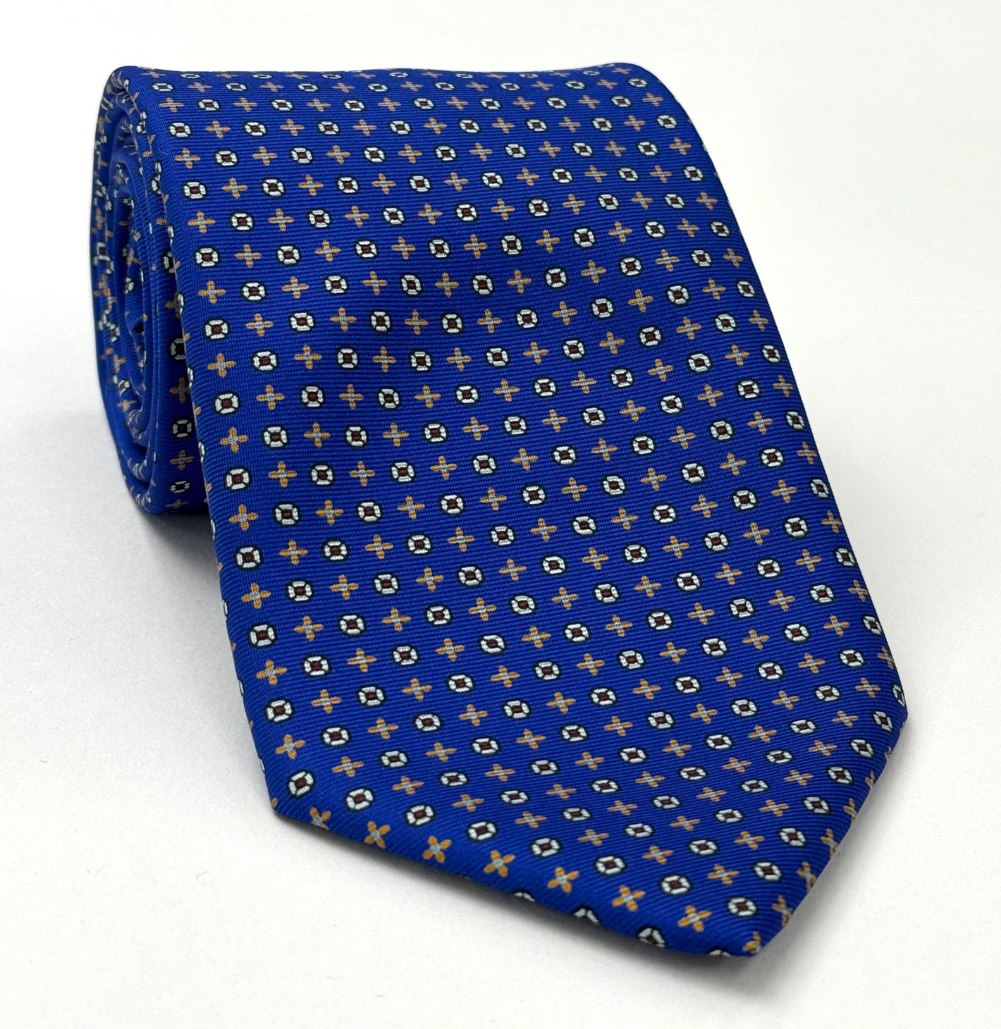 Yellow Gold, Sky Blue, Burgundy & Silver on Royal Blue Macclesfield Print Pattern Silk Tie MCT-489