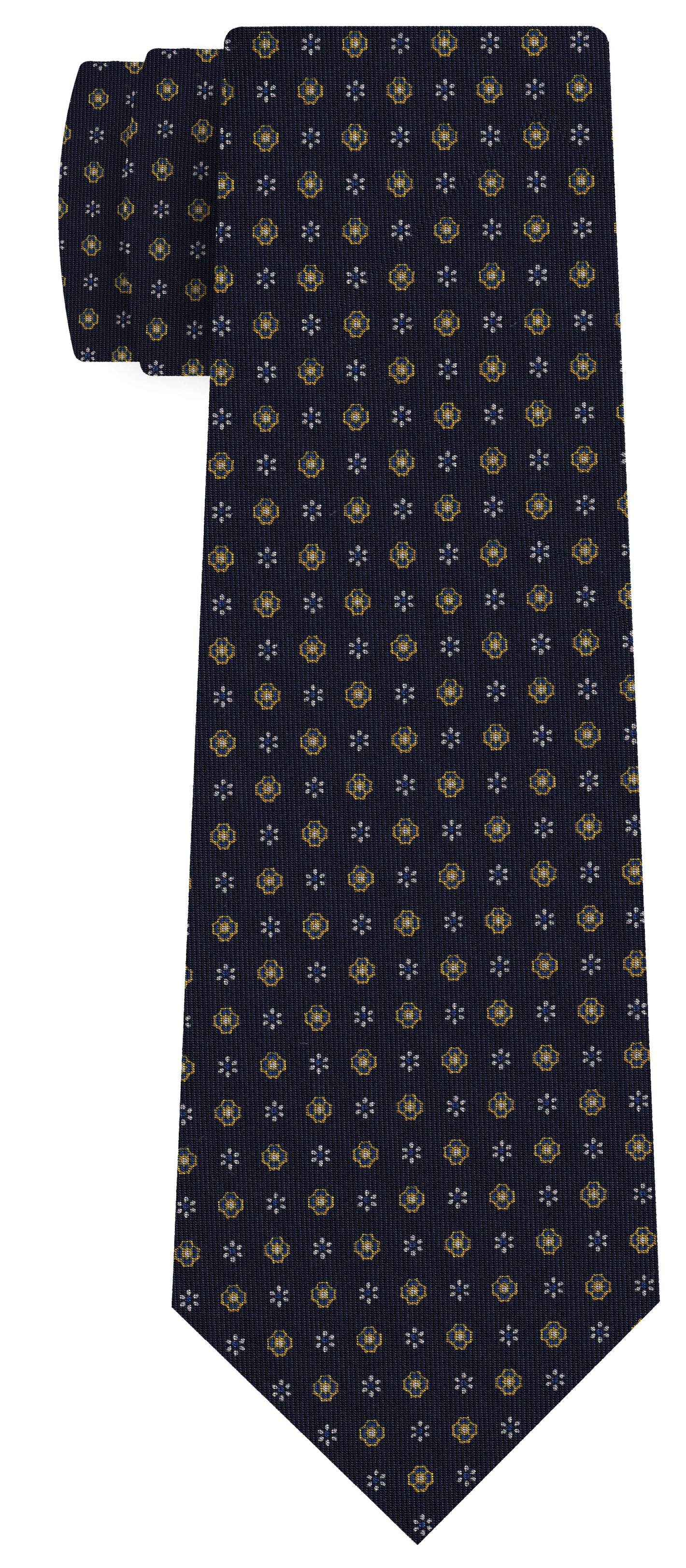 {[en]:Gold, Off-White & Blue on Midnight Blue Macclesfield Print Pattern Silk Tie
