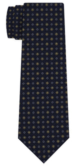 {[en]:Gold, Off-White & Blue on Midnight Blue Macclesfield Print Pattern Silk Tie