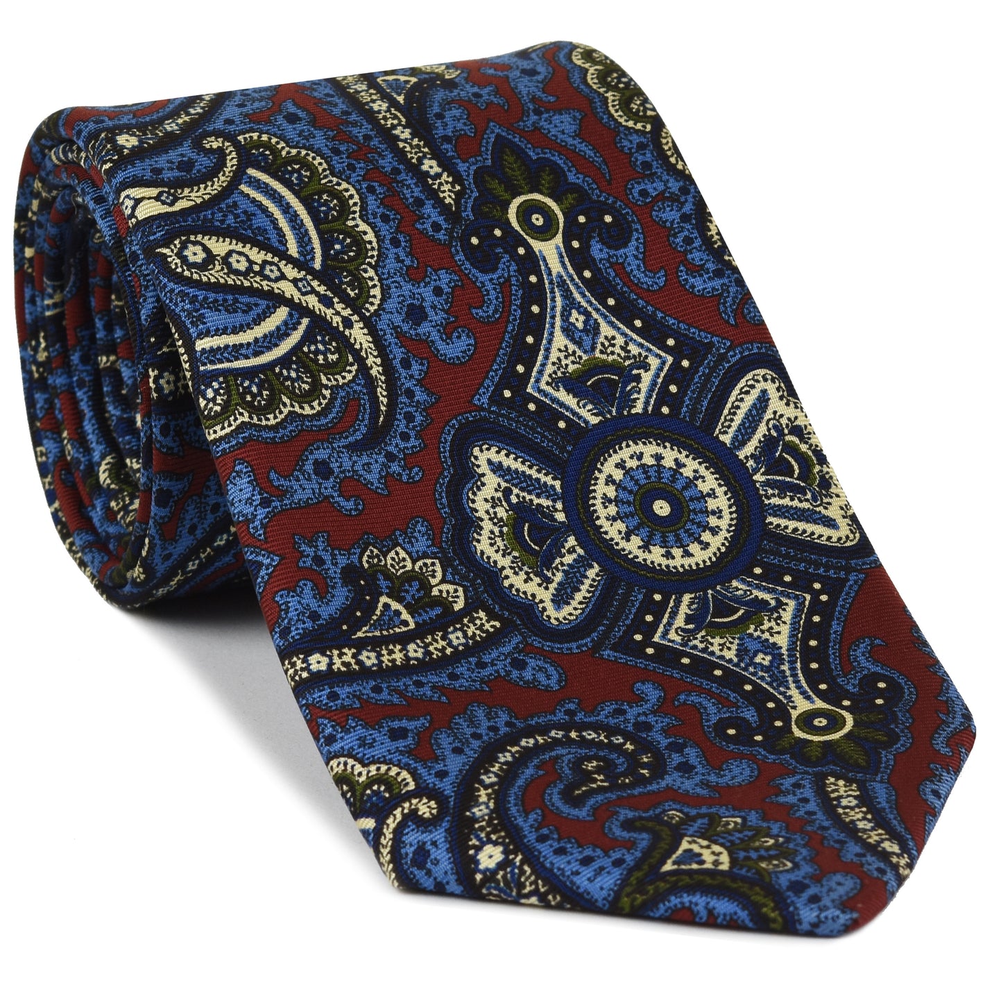 {[en]:Sky Blue, Olive Green, Off-White & Midnight Blue on Red Macclesfield Print Pattern Silk Tie