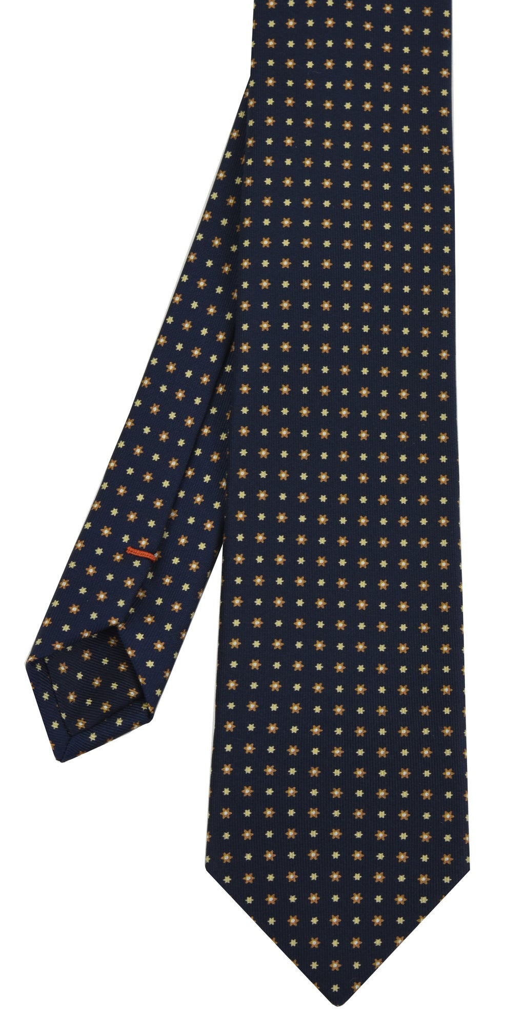 {[en]:Burnt Orange, Light Yellow, Off-White on Midnight Blue Macclesfield Print Pattern Silk Tie