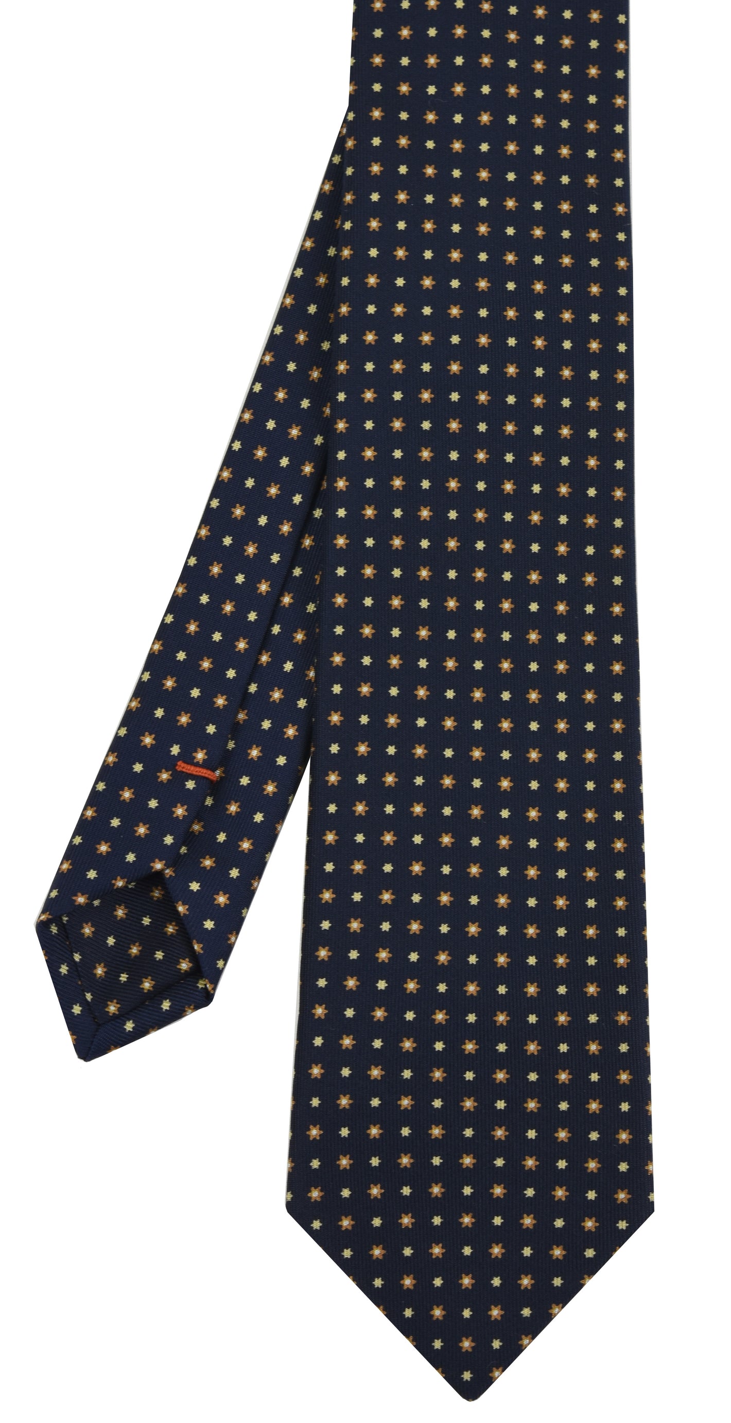 {[en]:Burnt Orange, Light Yellow, Off-White on Midnight Blue Macclesfield Print Pattern Silk Tie