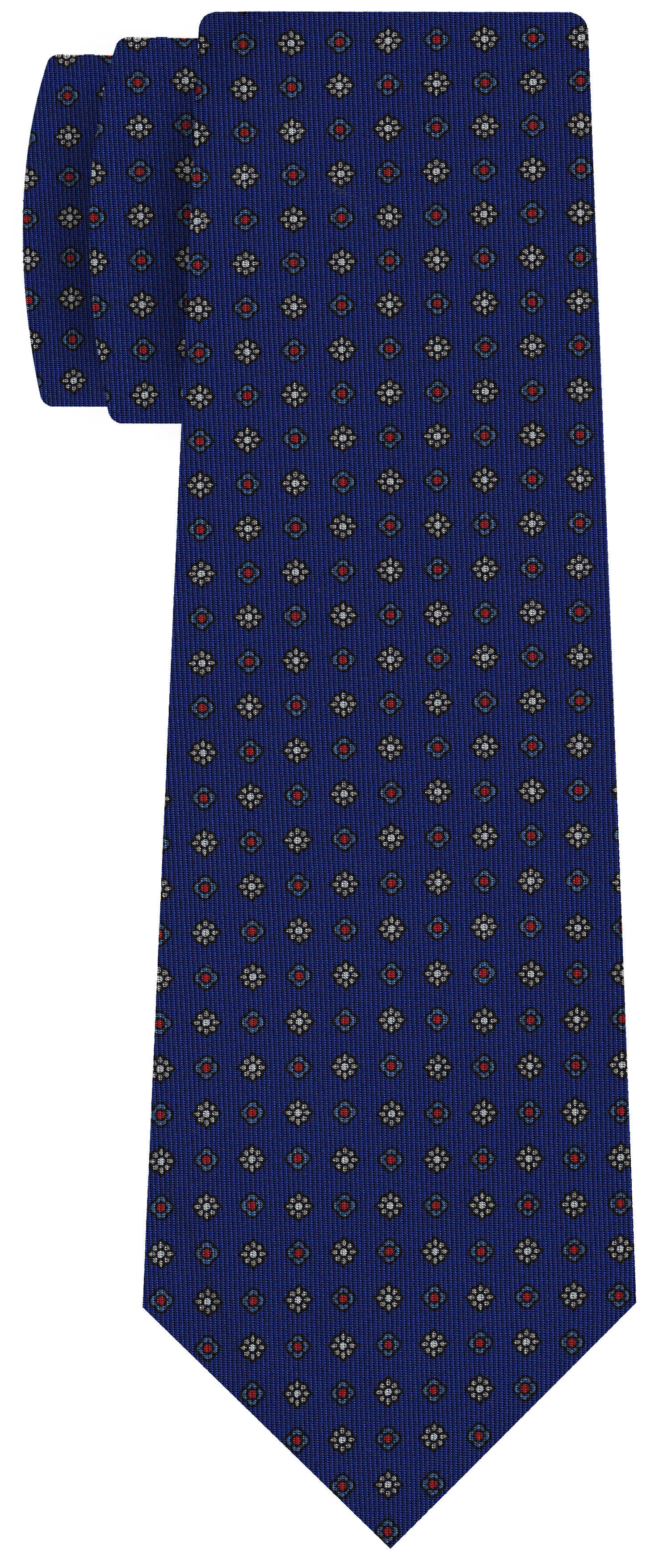 Off-White, Red, Sky Blue & Midnight Blue on Royal Blue Macclesfield Print Pattern Silk Tie MCT-502