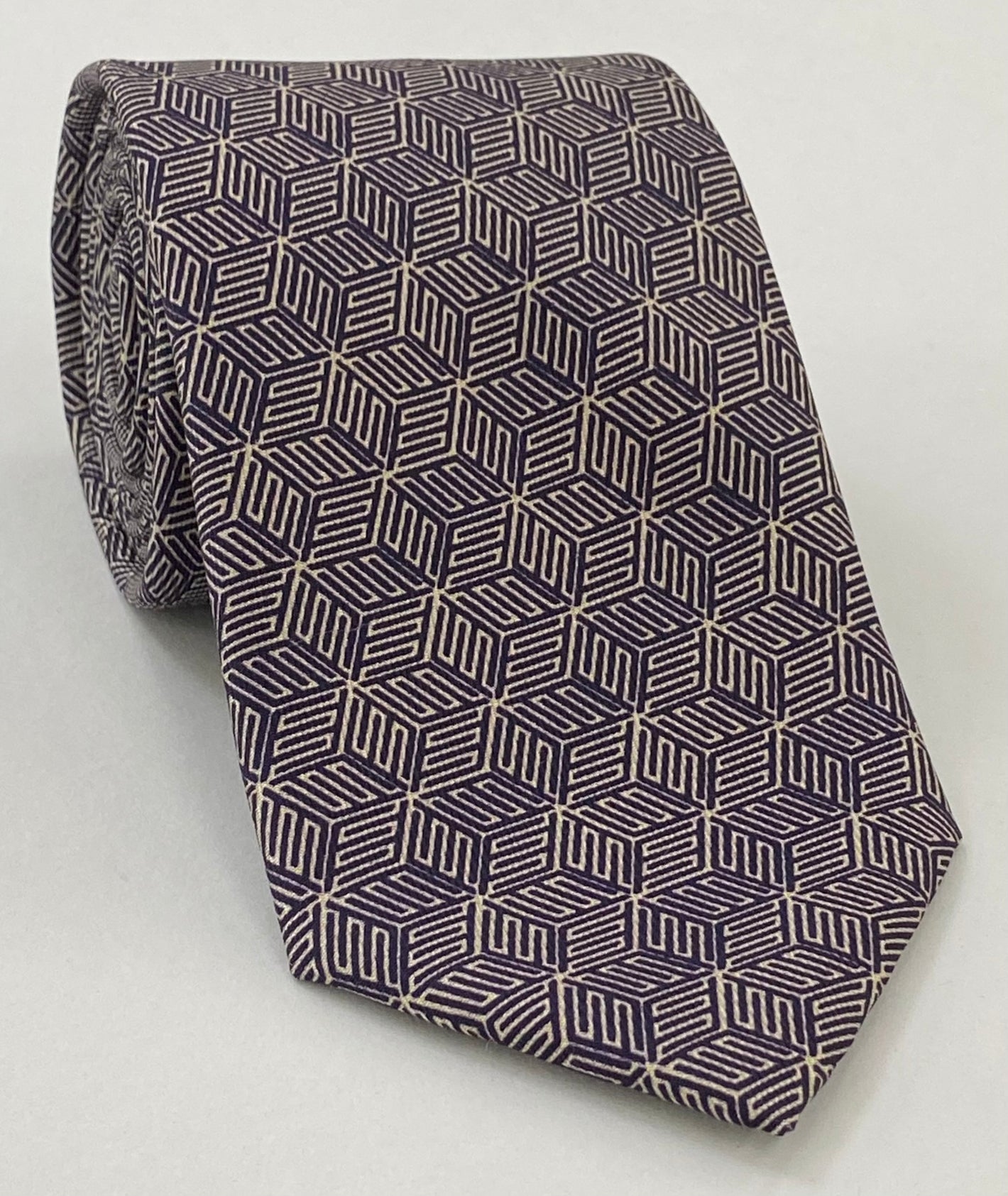 Off-White on Dark Navy Blue Macclesfield Print Pattern Silk Tie MCT-517