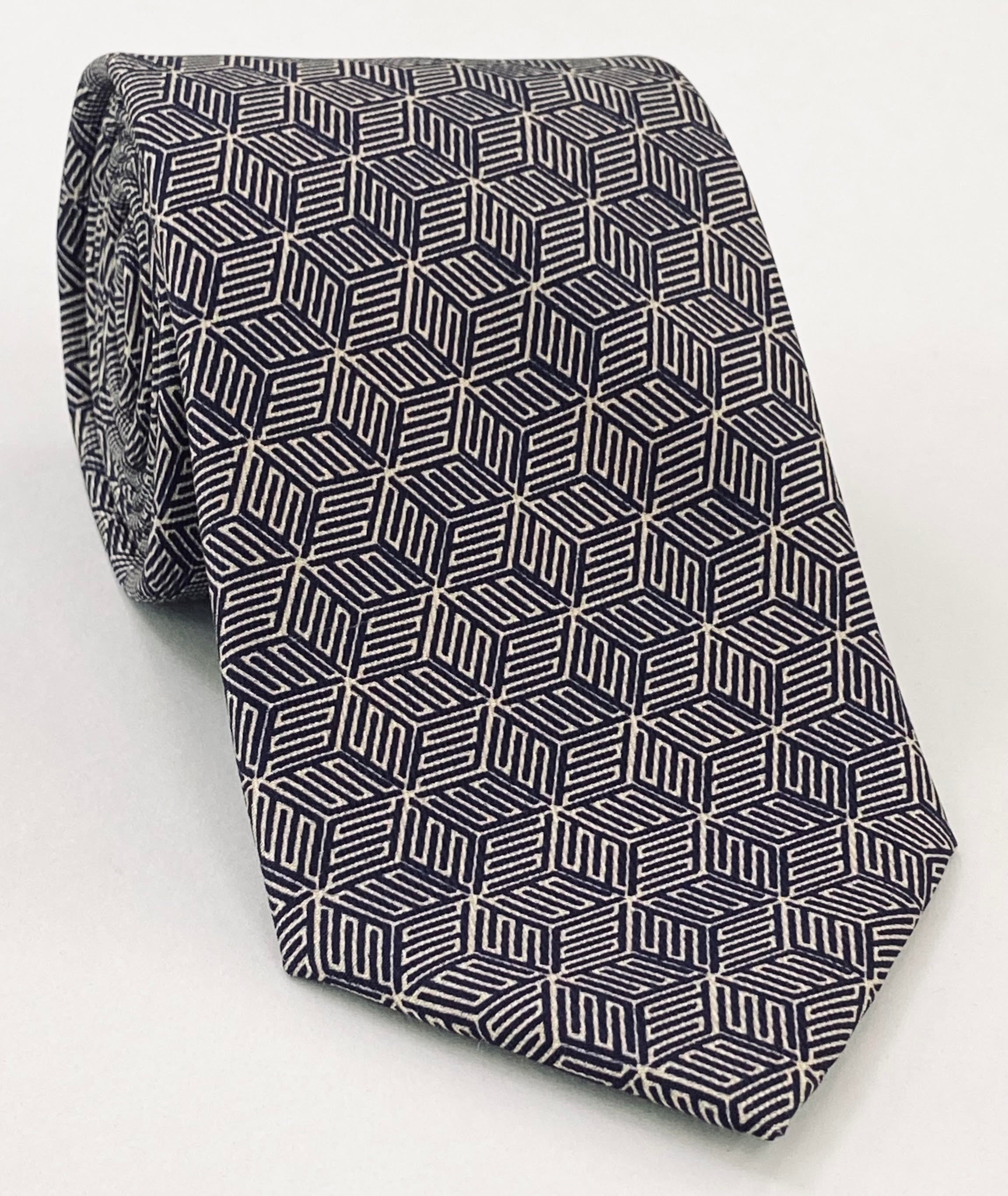 Off-White on Dark Navy Blue Macclesfield Print Pattern Silk Tie MCT-517