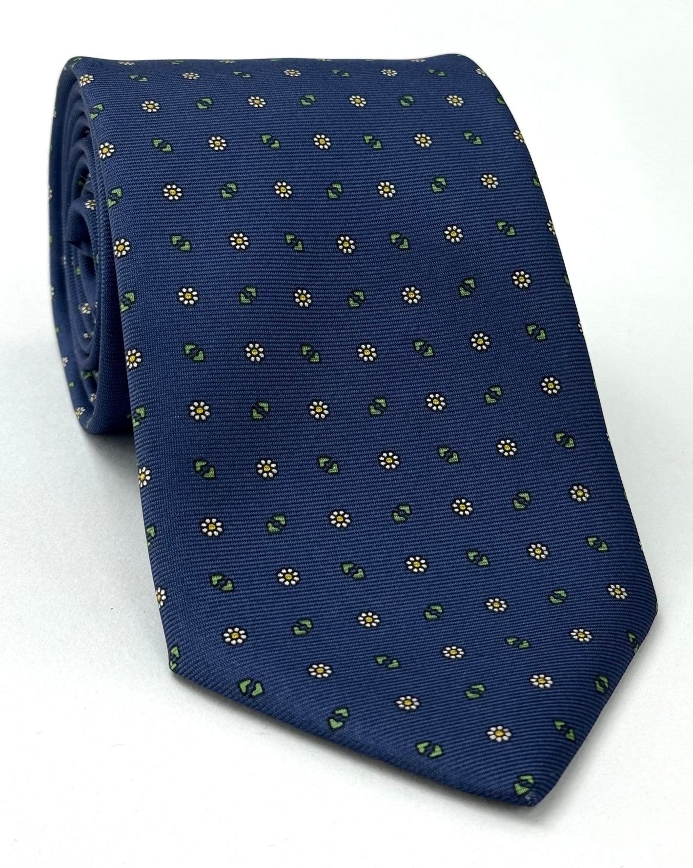 Young Leaf Green, Off-White & Yellow Gold on Navy Blue Macclesfield Print Pattern Silk Tie MCT-520
