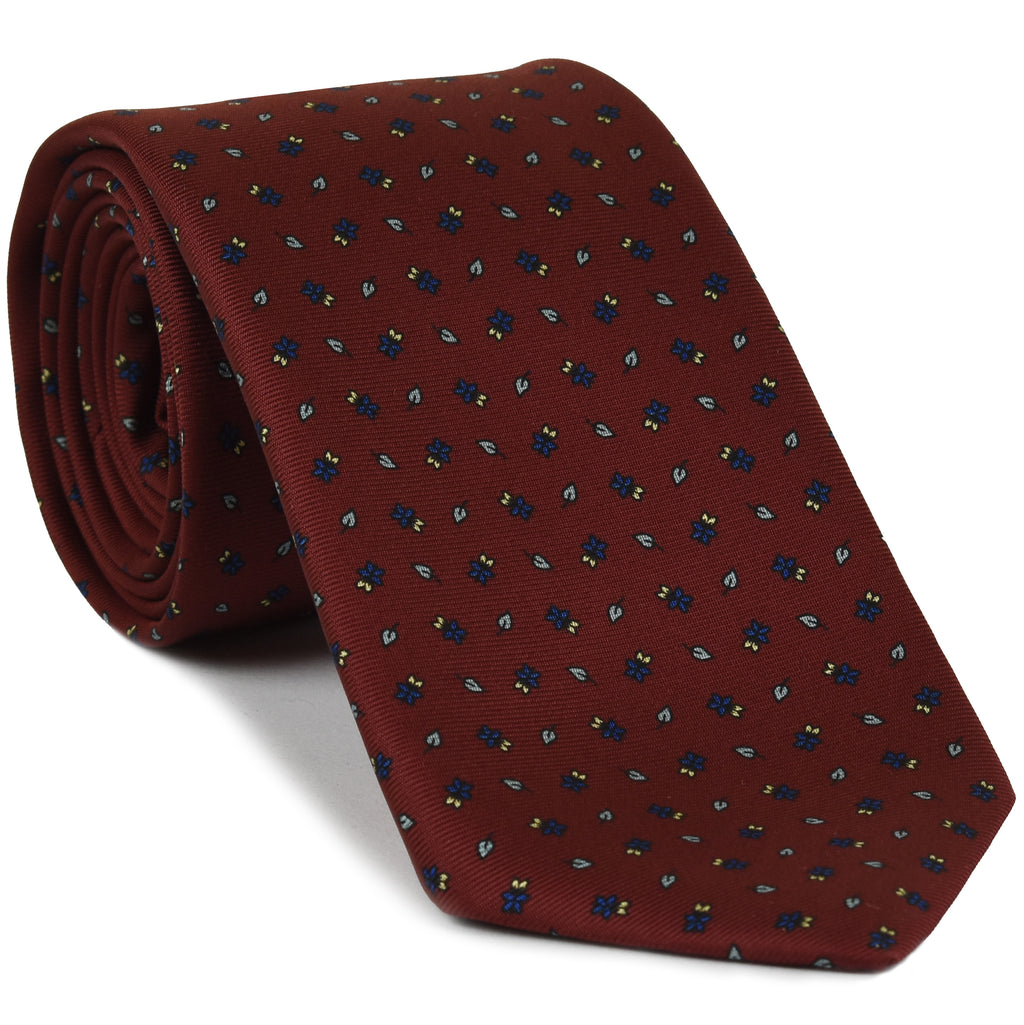 {[en]:Blue, Off White, Black, Light Yellow on Dark Red Print Pattern Silk Tie