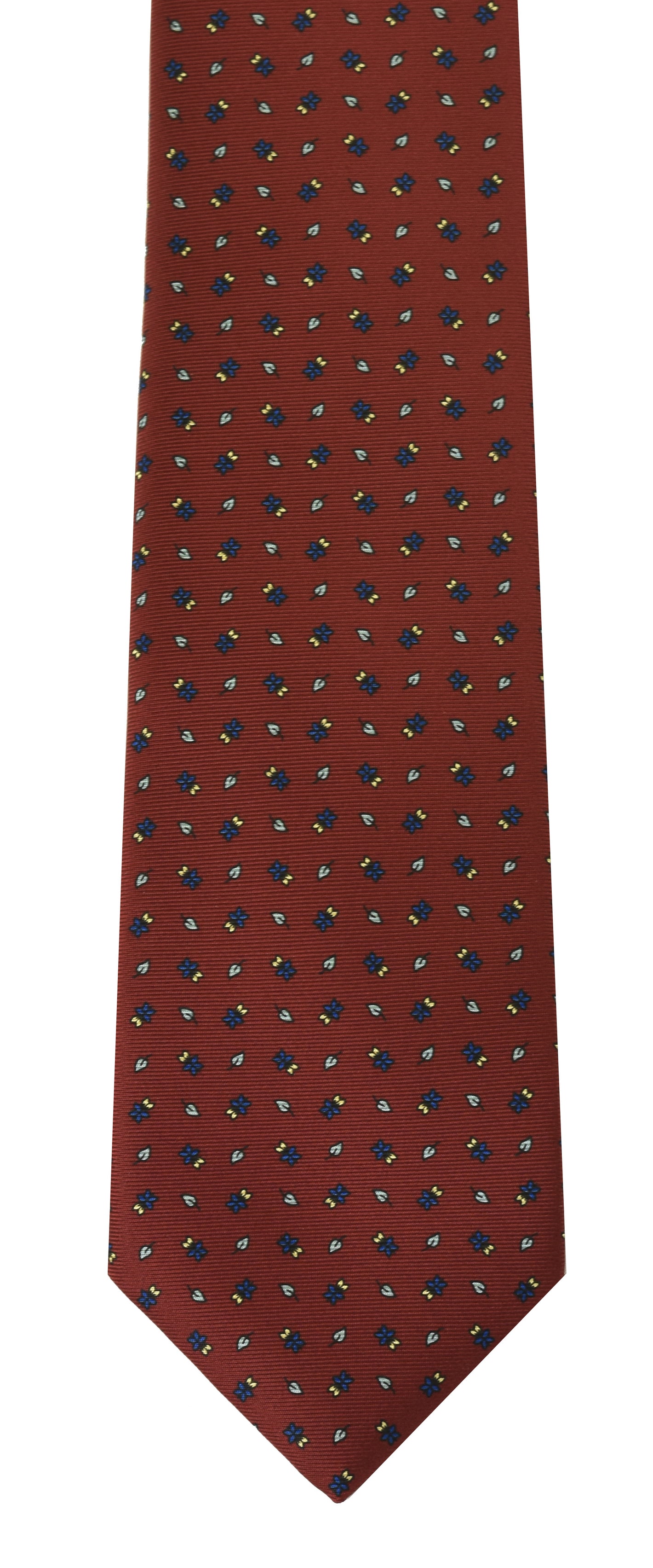 {[en]:Blue, Off White, Black, Light Yellow on Dark Red Print Pattern Silk Tie