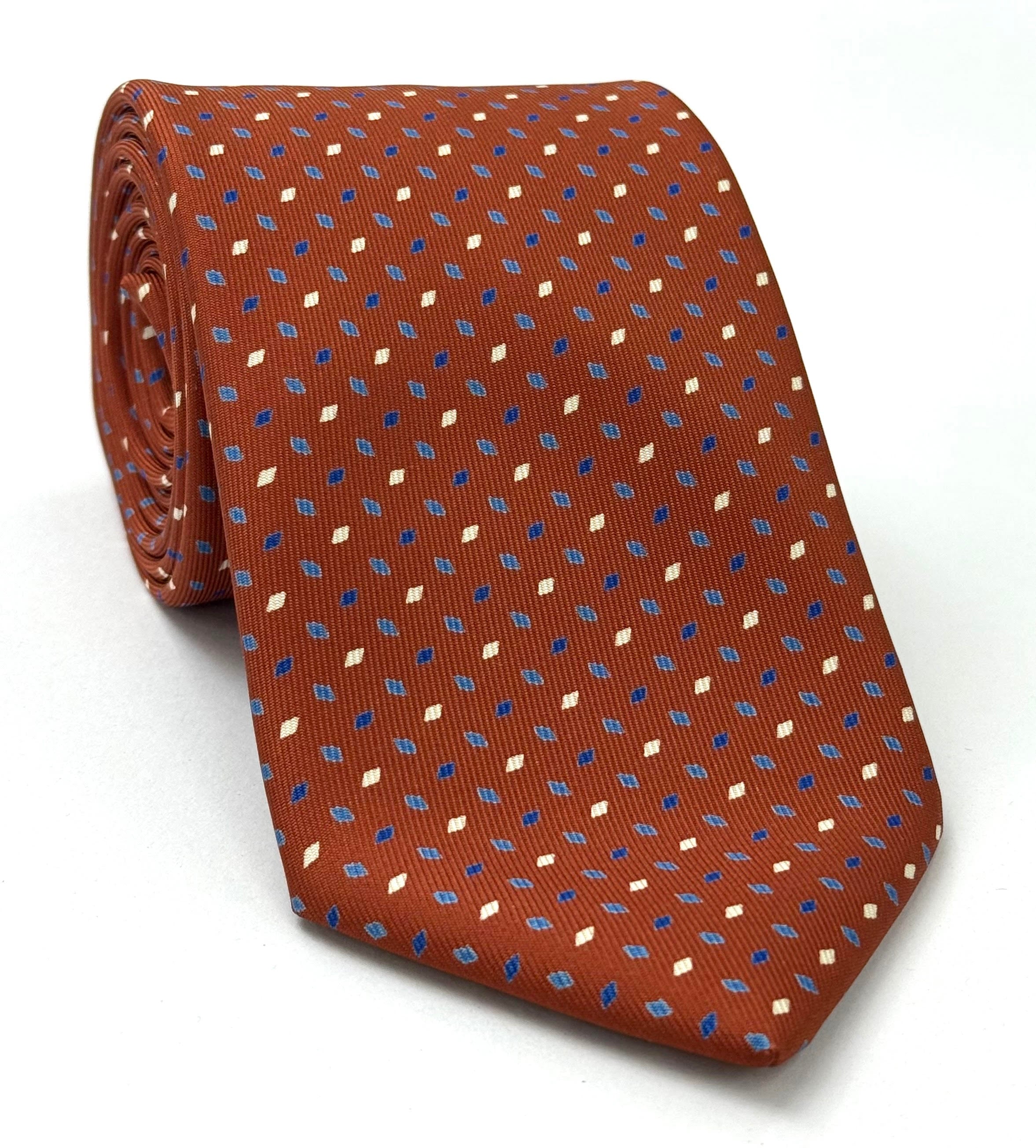 Sky Blue, Blue, Off White on Dark Burnt Orange Print Pattern Silk Tie MCT-523