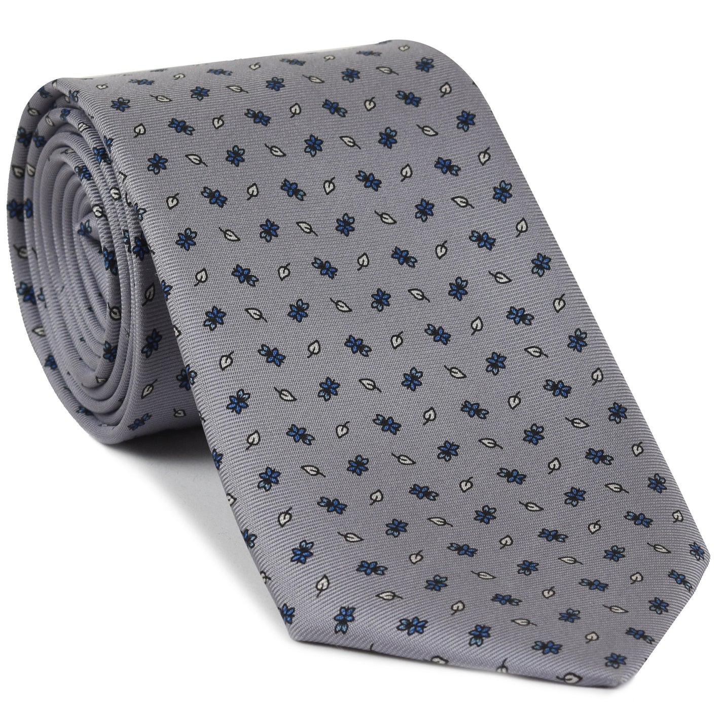 {[en]:Sky Blue, Off White, Black on Silver Gray Print Pattern Silk Tie