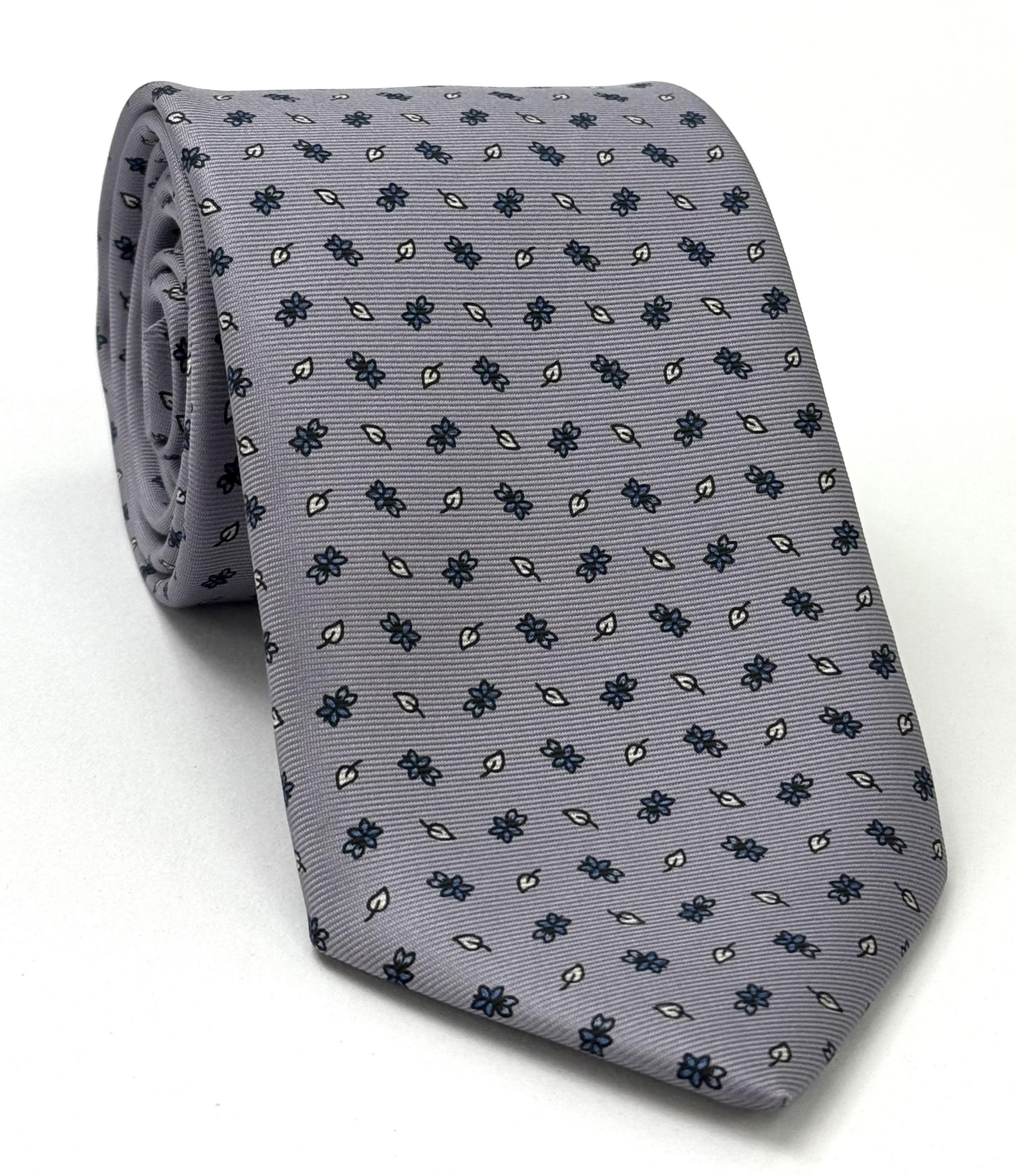 Sky Blue, Off White, Black on Silver Gray Print Pattern Silk Tie MCT-526