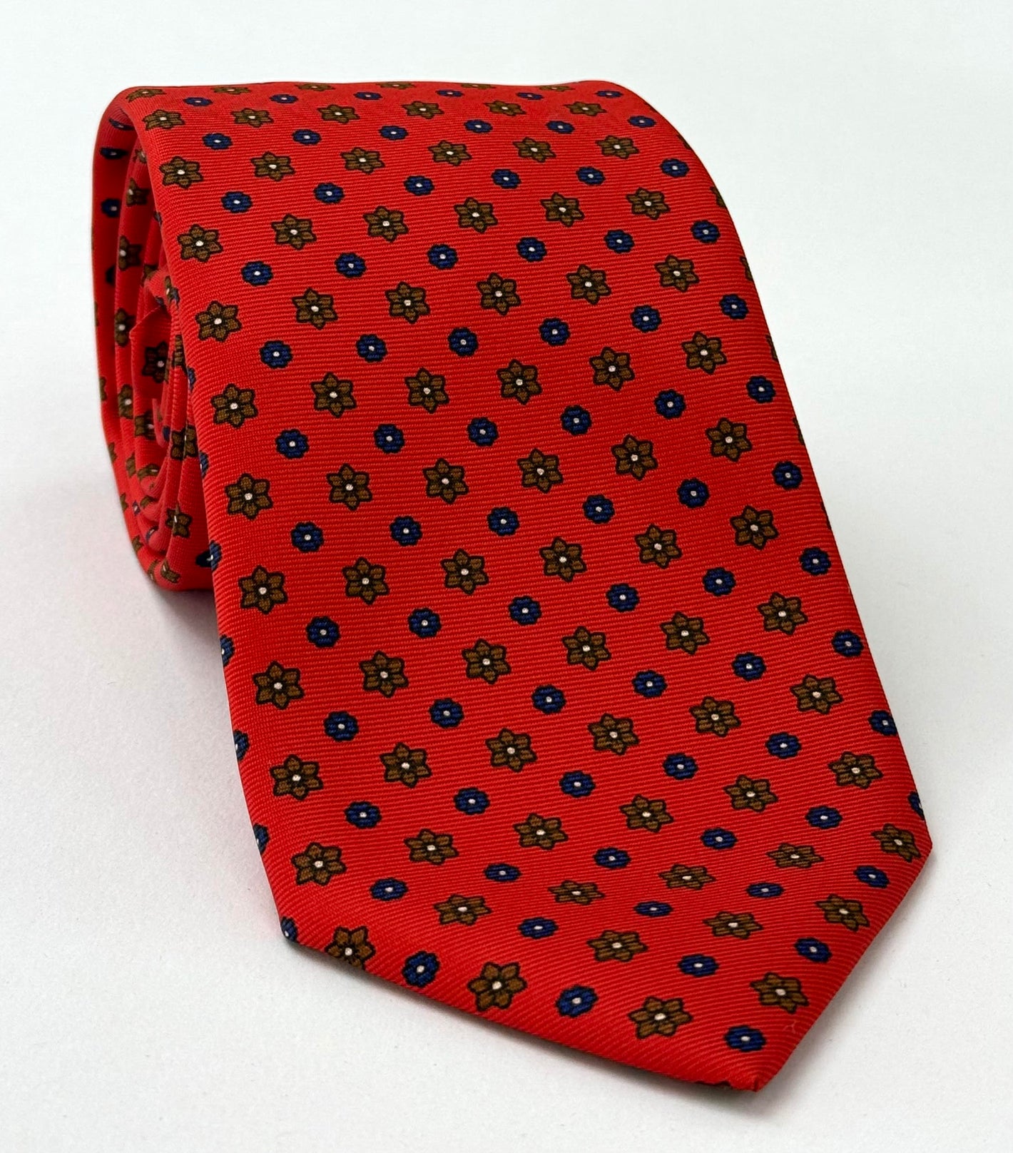 Navy Blue, Brown, Off White on Orange Print Pattern Silk Tie MCT-528