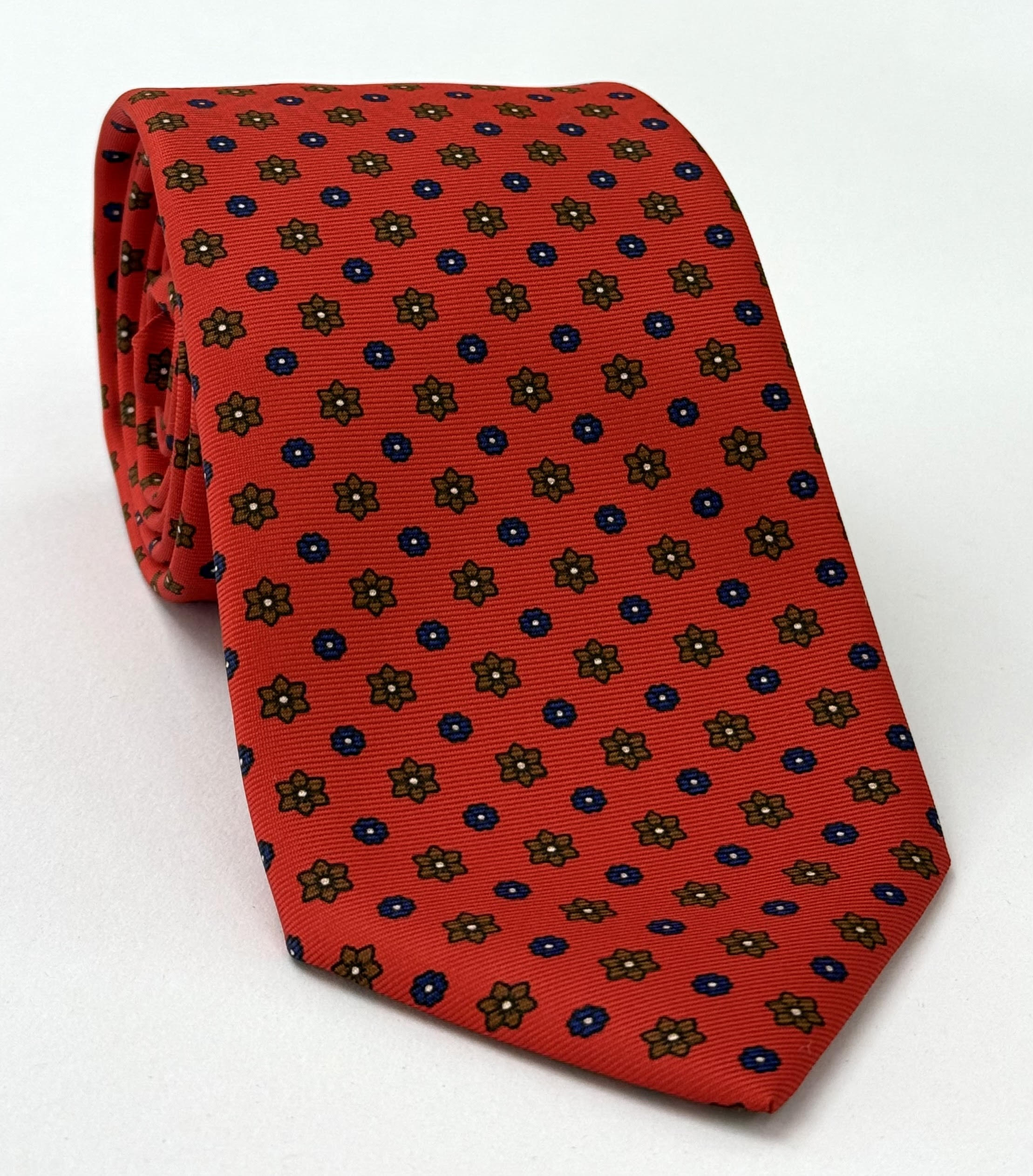 Navy Blue, Brown, Off White on Orange Print Pattern Silk Tie MCT-528