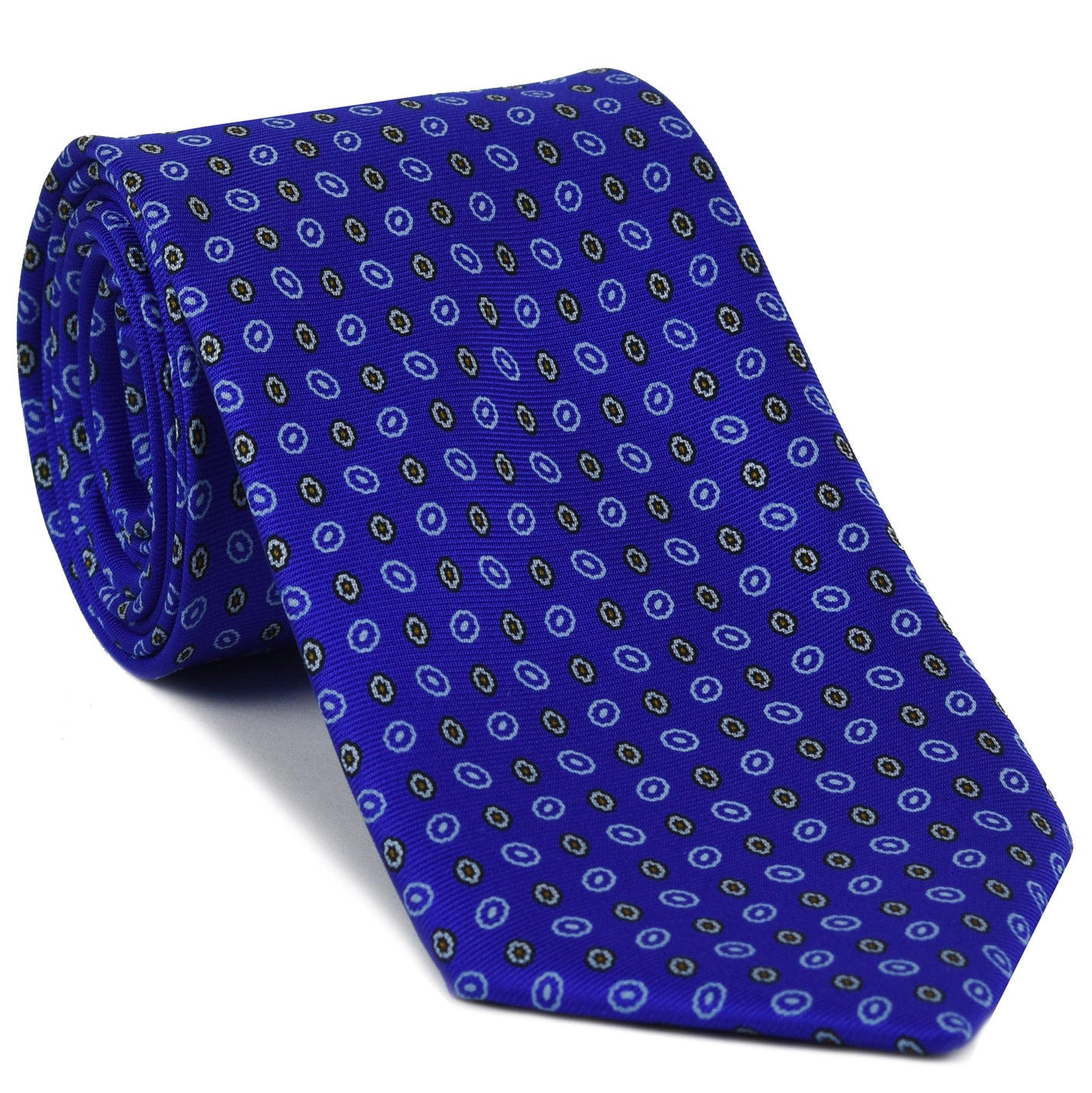{[en]:Off White, Black, White on Royal Blue Print Pattern Silk Tie