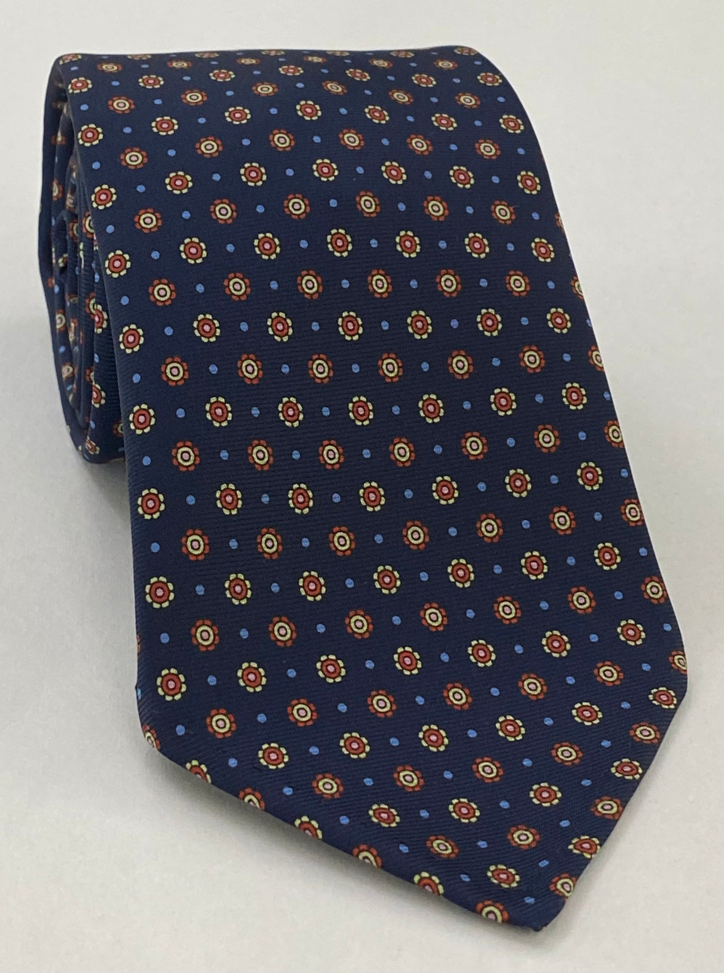 Burnt Orange, Light Yellow, Powder Blue, Light Pink on Midnight Blue Print Pattern Silk Tie #MCT-531