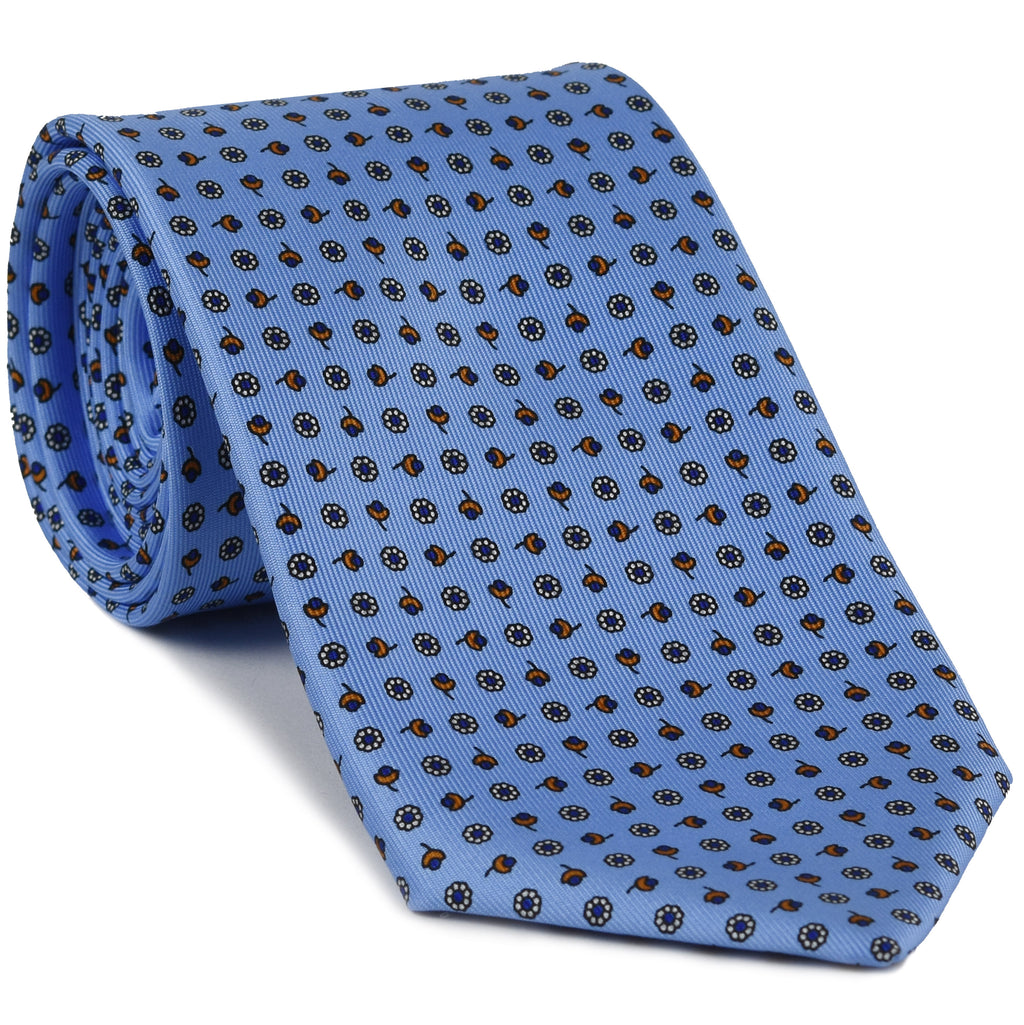 {[en]:Dark Orange, Off-White & Blue on Powder Blue Print Pattern Silk Tie
