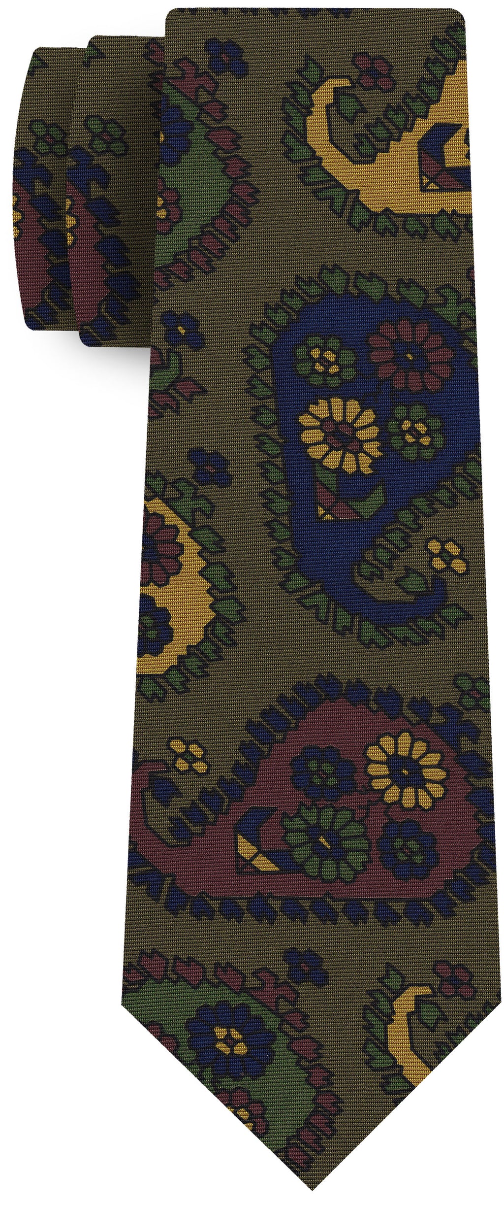 {[en]:Yellow Gold, Blue, Burgundy, Dark Olive Green & Black on Olive Green Print Pattern Silk Tie