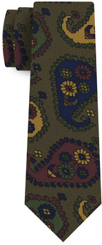 {[en]:Yellow Gold, Blue, Burgundy, Dark Olive Green & Black on Olive Green Print Pattern Silk Tie