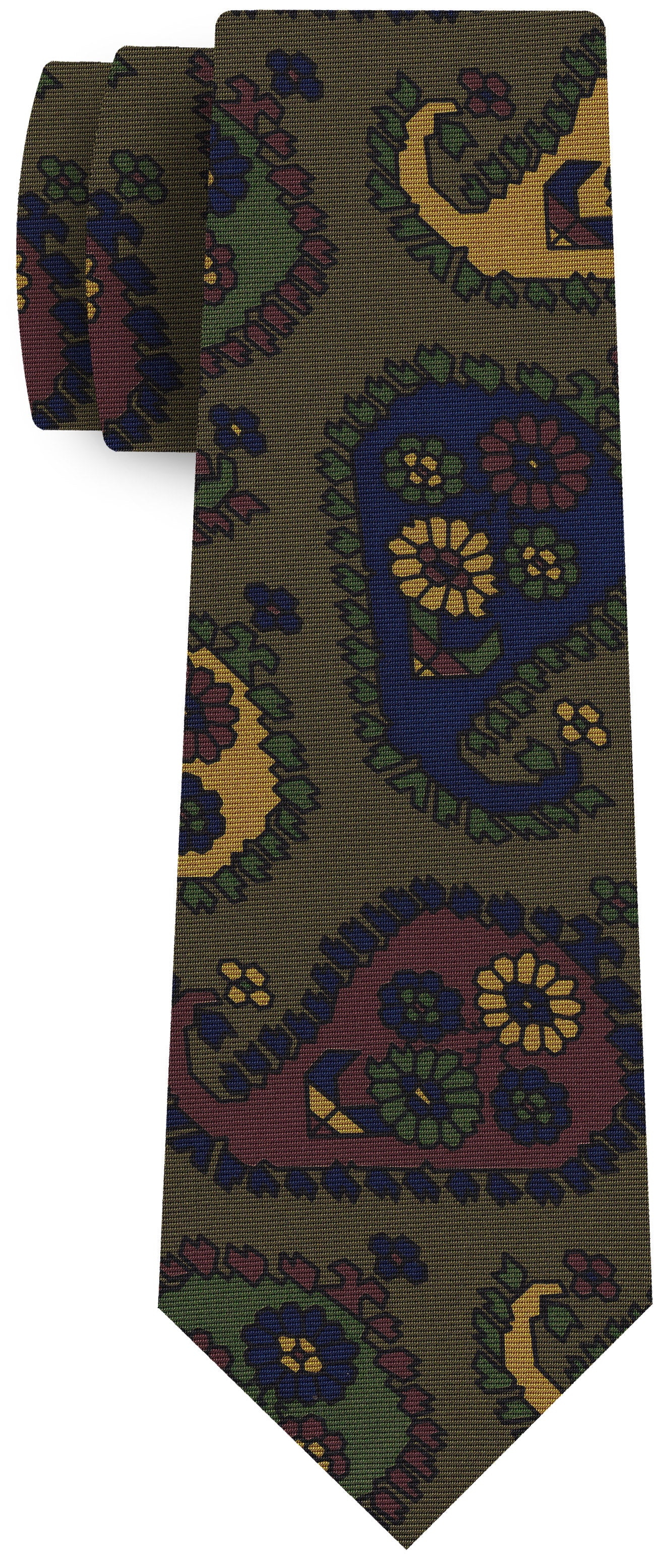 {[en]:Yellow Gold, Blue, Burgundy, Dark Olive Green & Black on Olive Green Print Pattern Silk Tie
