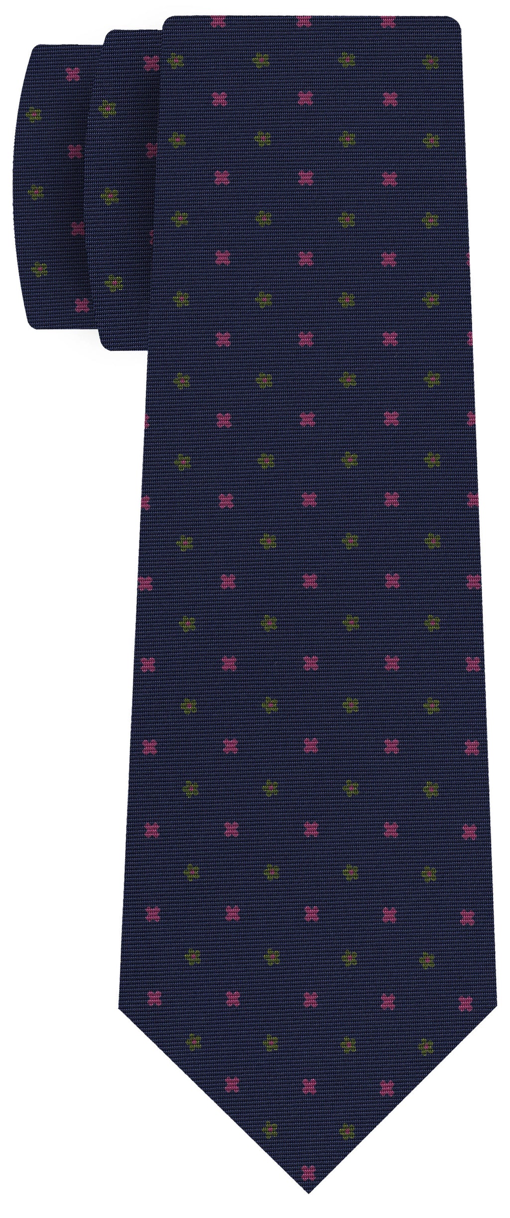 {[en]:Dark Pink, Young Leaf Green on Navy Blue Print Pattern Silk Tie