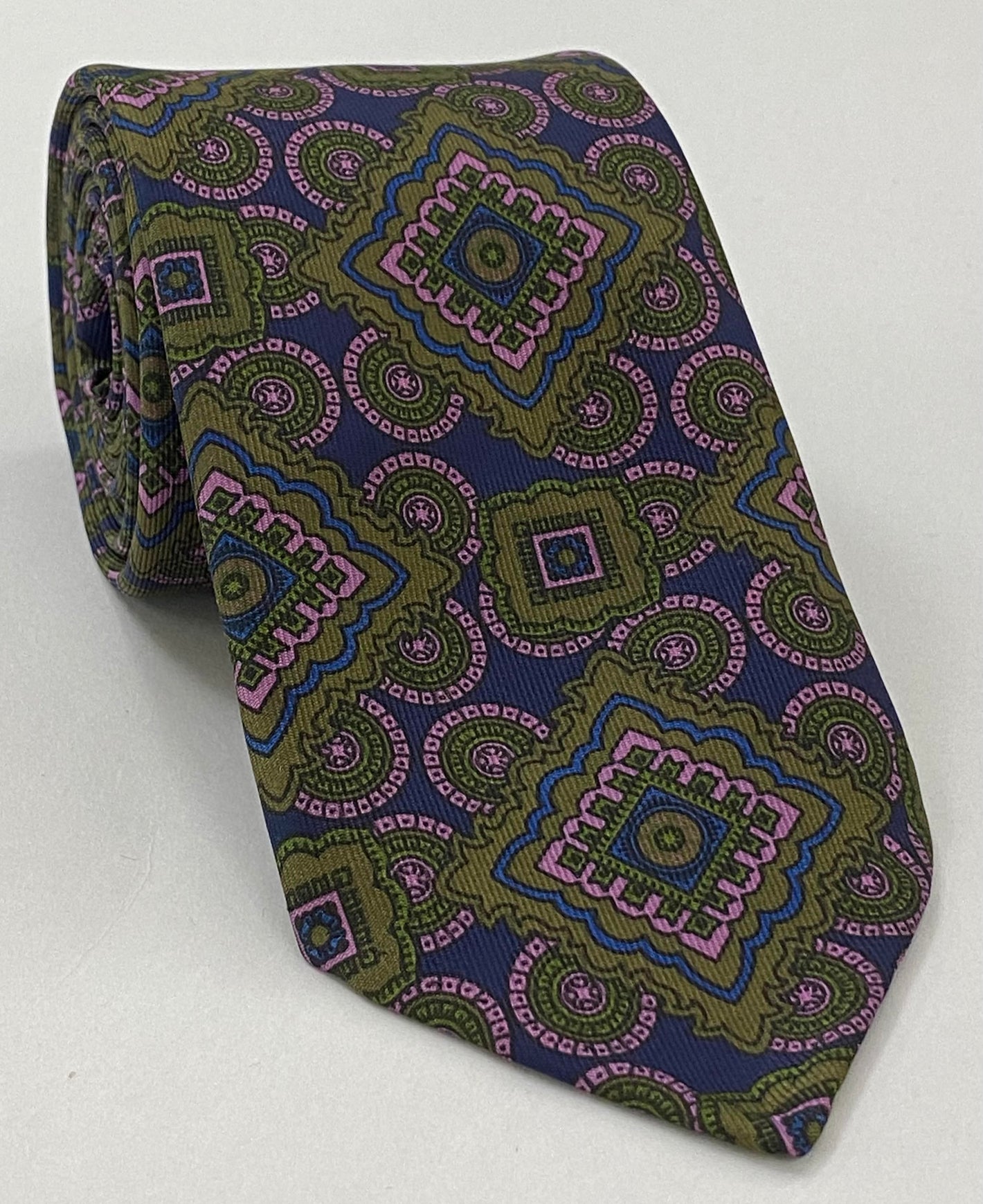 Olive Green, Light Lavender, Young Leaf Green on Dark Navy Print Pattern Silk Tie MCT-546