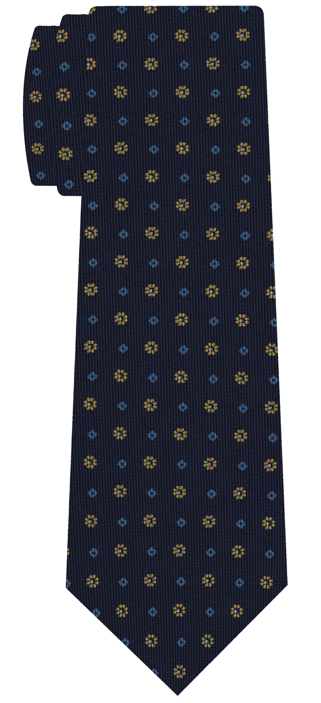 {[en]:Sky Blue, White & Yellow Gold on Dark Navy Blue Macclesfield Print Pattern Silk Tie