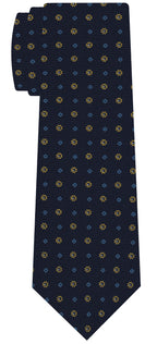 {[en]:Sky Blue, White & Yellow Gold on Dark Navy Blue Macclesfield Print Pattern Silk Tie