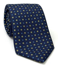 Sky Blue, White & Yellow Gold on Dark Navy Blue Macclesfield Print Pattern Silk Tie MCT-547