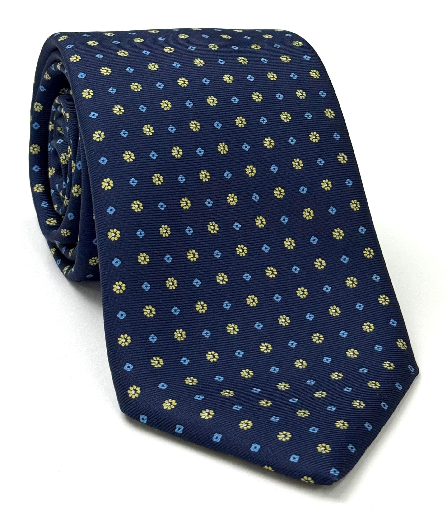 Sky Blue, White & Yellow Gold on Dark Navy Blue Macclesfield Print Pattern Silk Tie MCT-547